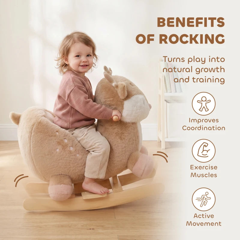 Toddler Deer Rocking Horse with Animal Sound, Safety Belt & Rocking Stopper – Brown