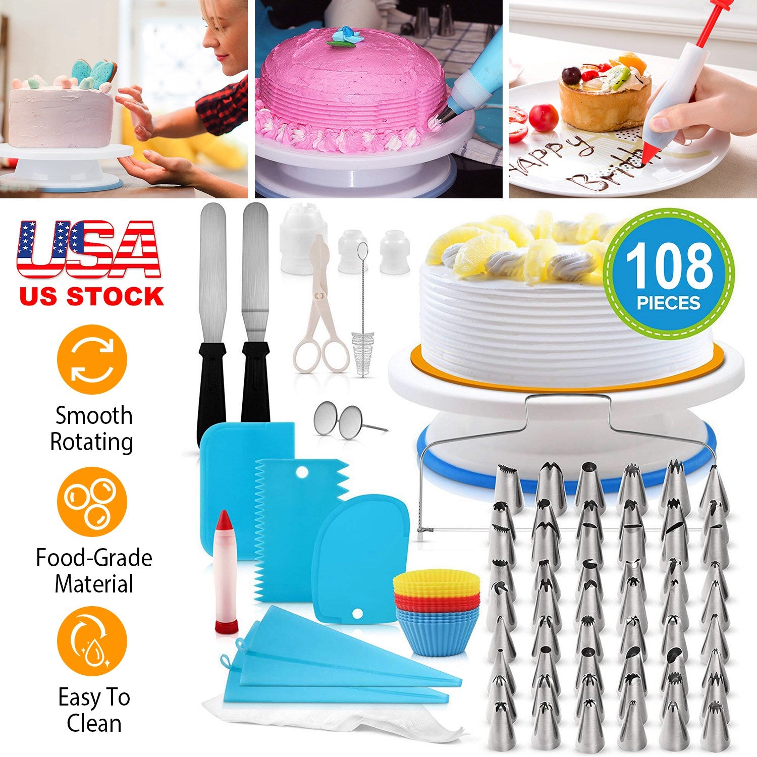 11in Rotating Cake Turntable 108Pcs Cake Decorating Supplies Kit Revolving Cake Table Stand Base Baking Tools 