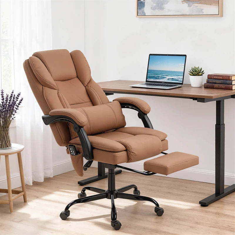 Office Chair with Massage, Pet-Friendly Faux Leather Reclining Desk Chair with Lumbar Support, Footrest, Brown