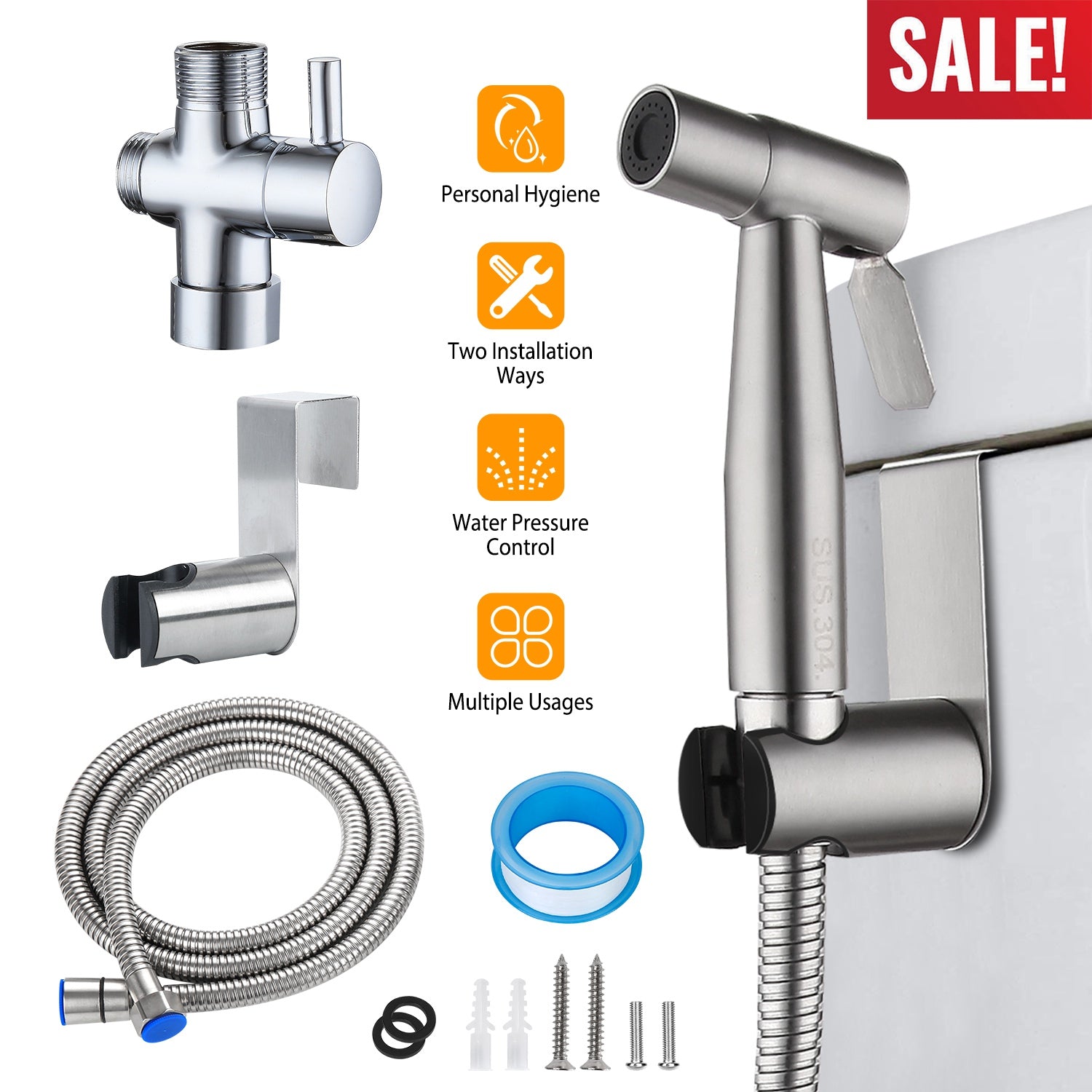 Handheld Bidet Sprayer Stainless Steel Bathroom Shower Toilet Bidet Sprayer Baby Cloth Diaper Sprayer Kit w/ Hose Brass Valve For Personal Hygiene Toi