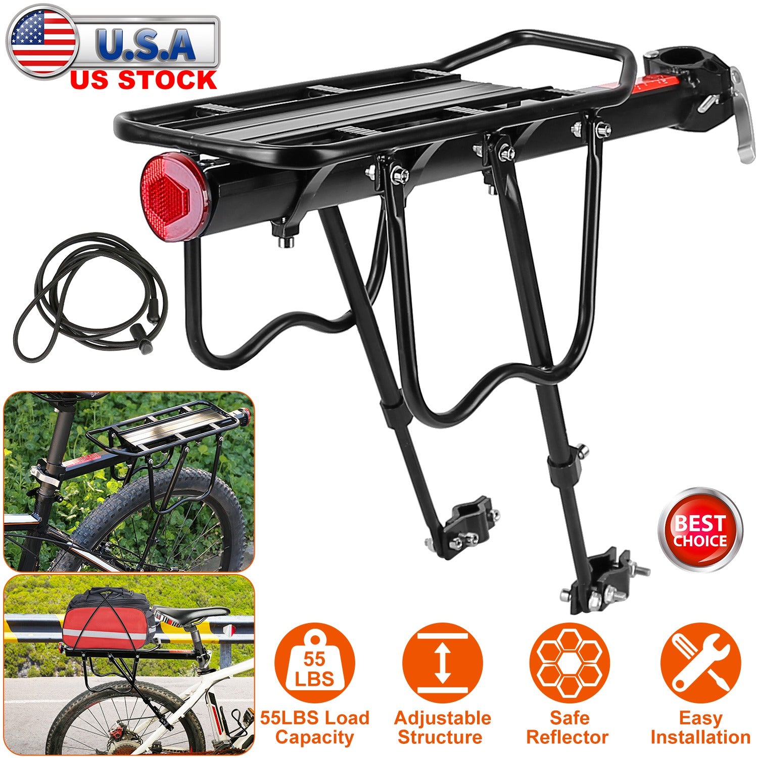 Bike Cargo Rack Adjustable Bicycle Rear Rack Cycling Luggage Carrier with Elastic Cord Red Reflector 55LBS Load Capacity