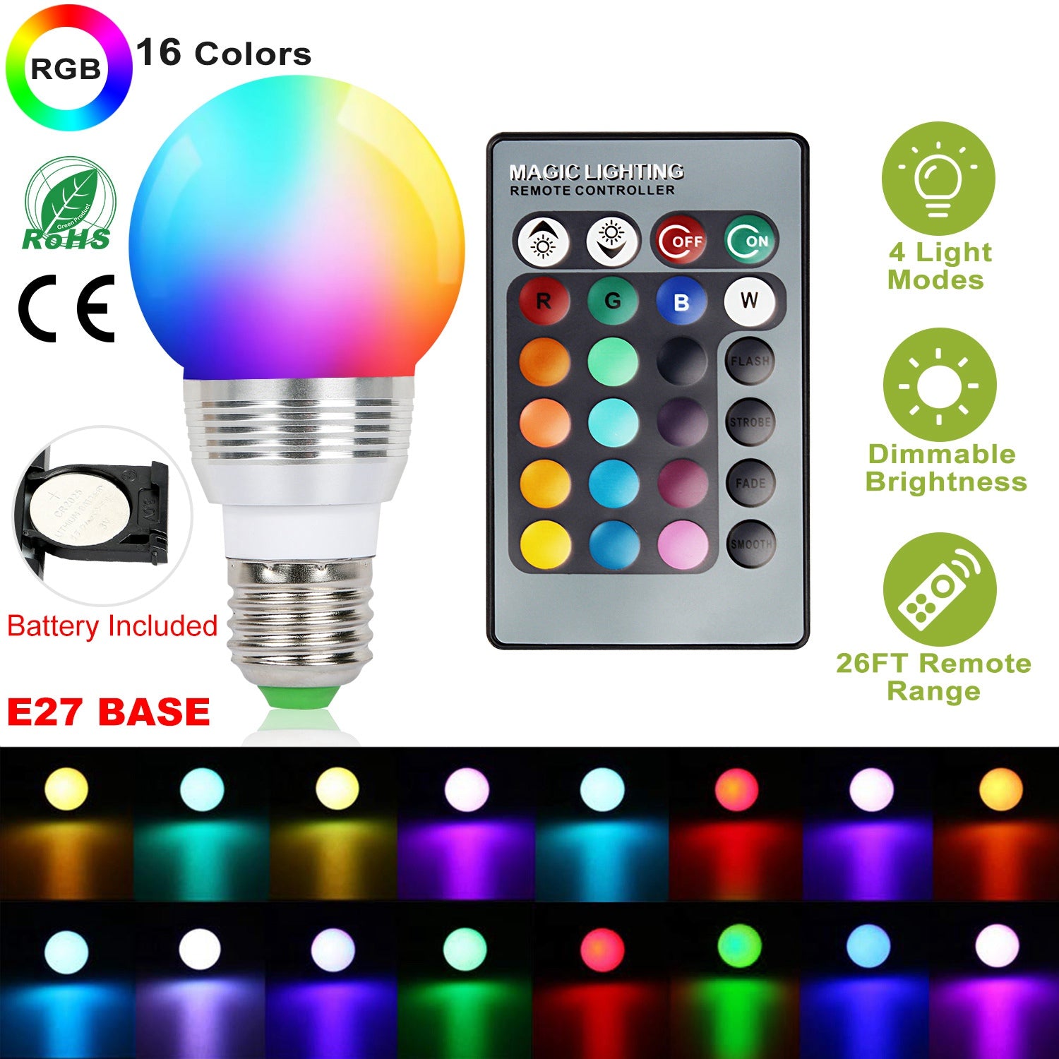 16 Colors Change LED Bulbs E27 3W RGB Dimmable Mood Lighting Lamp IR Remote Control