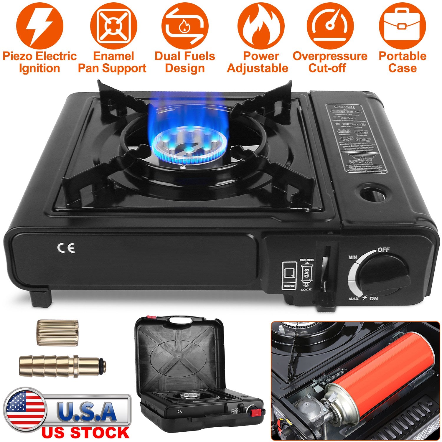 3300W Portable Camping Stove Butane Canister Dual Fuel Burner Piezo Electric Ignition Single Burner with Automatic Tank Ejection Overpressure Cut Off