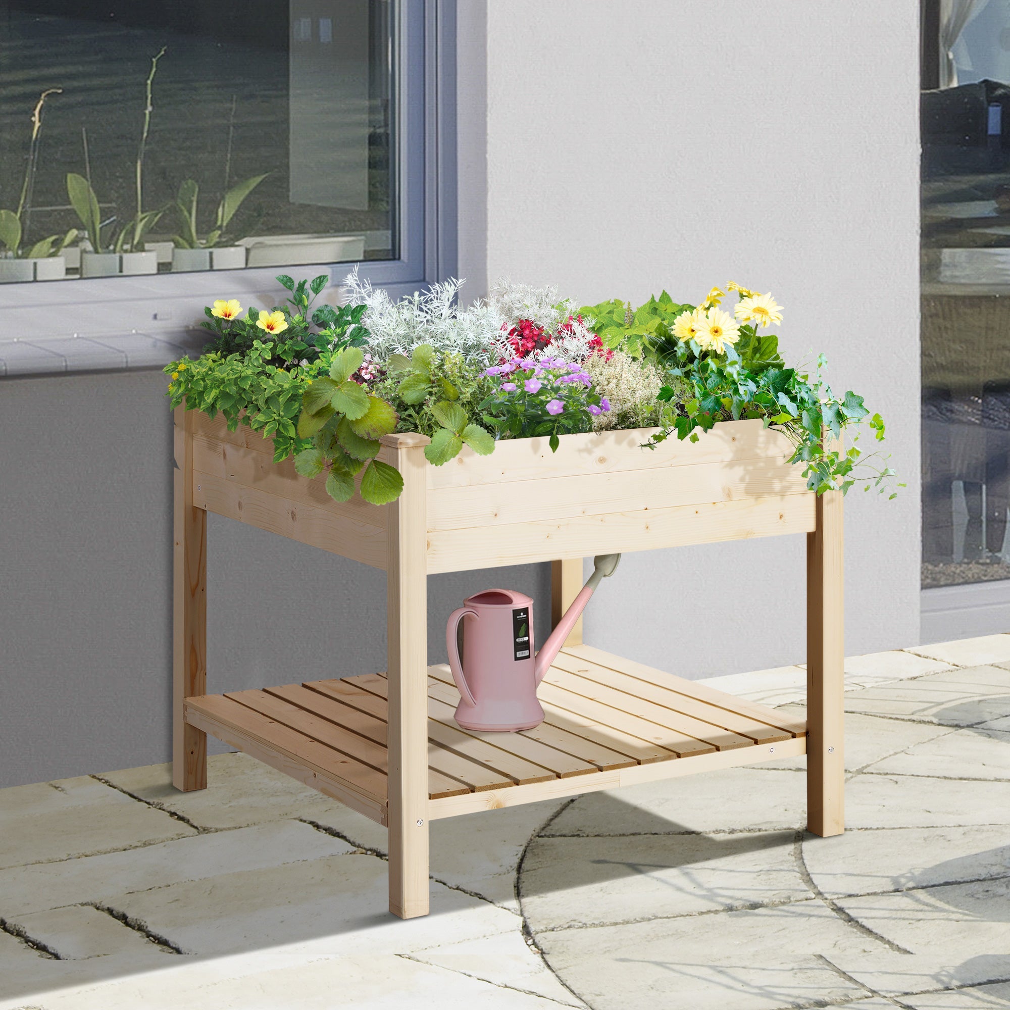 Outsunny Elevated Wooden Planter Box 35.75'' Outdoor Raised Garden Bed with Storage Shelf for Vegetables Flowers Herbs 