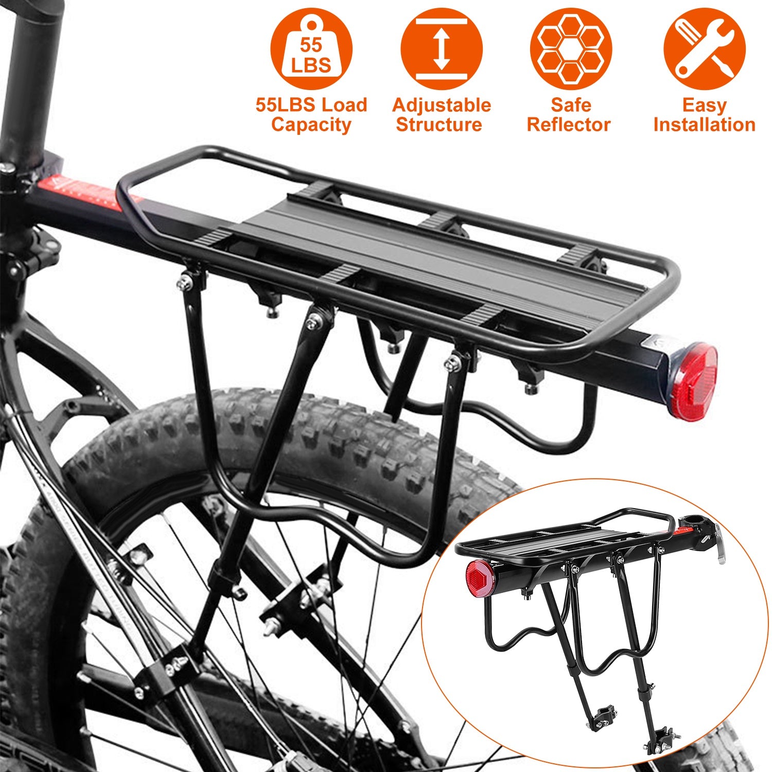 Bike Cargo Rack Adjustable Bicycle Rear Rack Cycling Luggage Carrier with Elastic Cord Red Reflector 55LBS Load Capacity