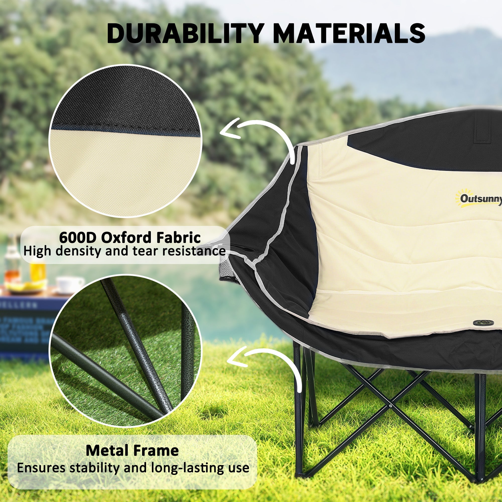 Outsunny Portable Camp Chair, Double Camping Chair with Cup Holders and Carry Bag, Support 551 lbs, Khaki 