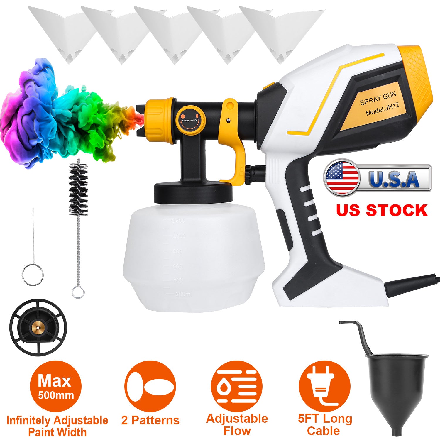 Electric Paint Sprayer HVLP Spray Painting Gun Handheld Painter with Different Spray Patterns 1200ML Detachable Container Flow/Length/Width Adjustable 