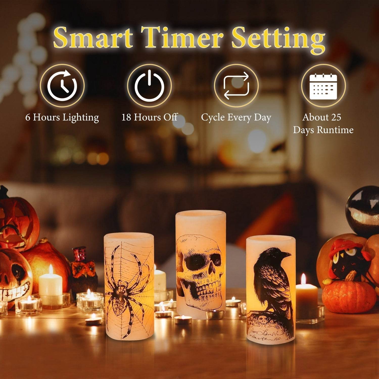 3 Pack Halloween Flameless Candle Lamp With Timer Setting Battery Operated Warm Orange Light Candles For Halloween Party Decoration 