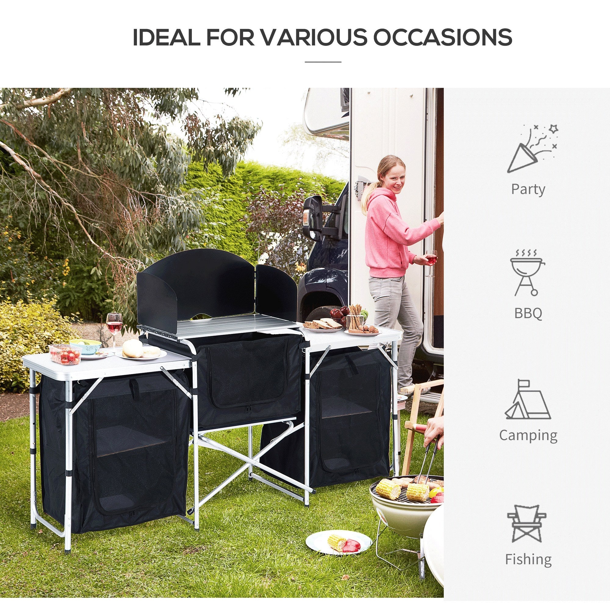 Outsunny Folding Camping Kitchen Table with Carrying Bag, Windscreen and 3 Enclosed Cupboards, Aluminum Cook Station, Black 