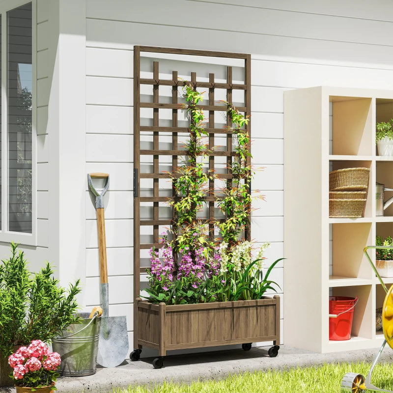Wooden Planter with Trellis, Raised Garden Bed with Wheels, Drainage Holes for Climbing Plants, Flowers, Brown