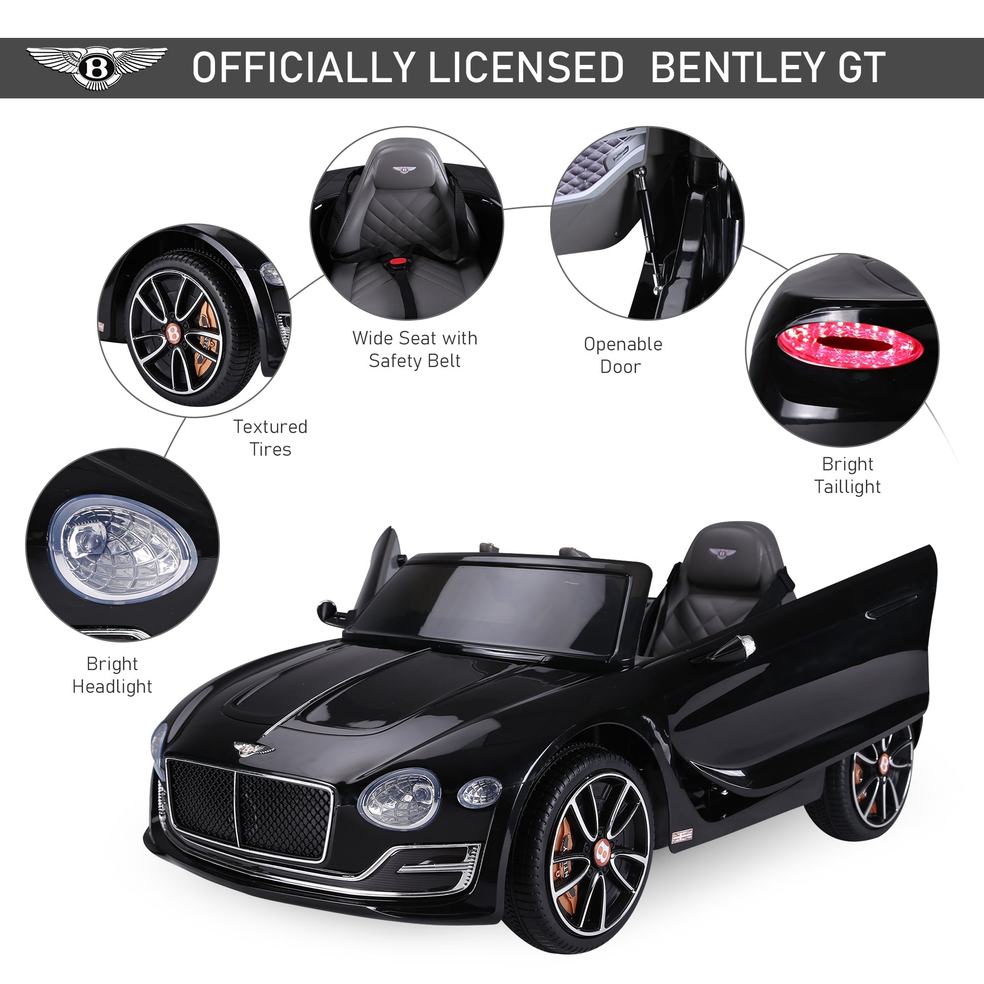 Aosom Licensed Bentley Ride-On Car: 12V, Electric, Battery Powered, Remote Control, 2 Speed, Black 