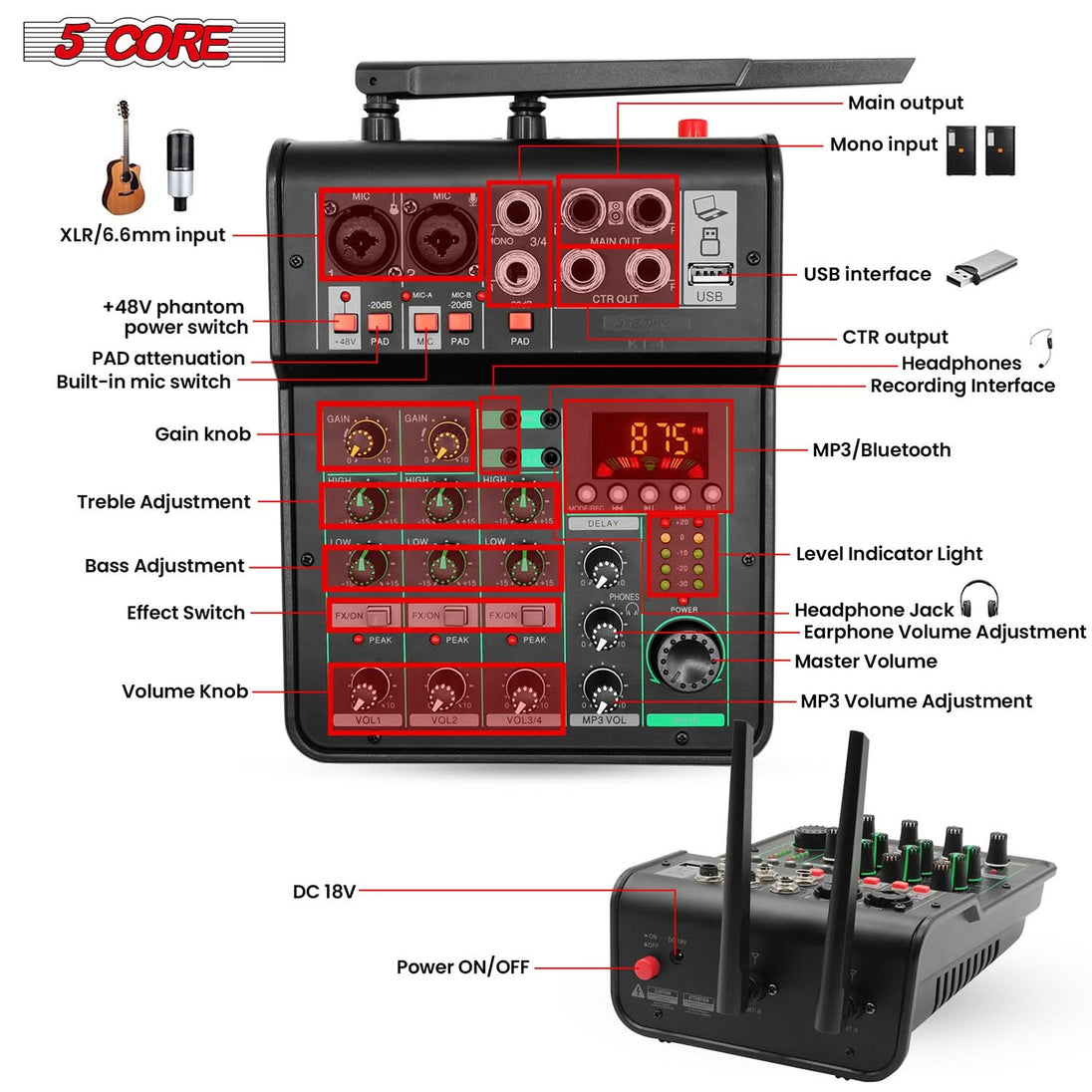 5Core Audio Mixer Sound Board 4 Channel PA DJ Stereo Receiver w Bluetooth USB DJ PA Karaoke Mixing GOLD