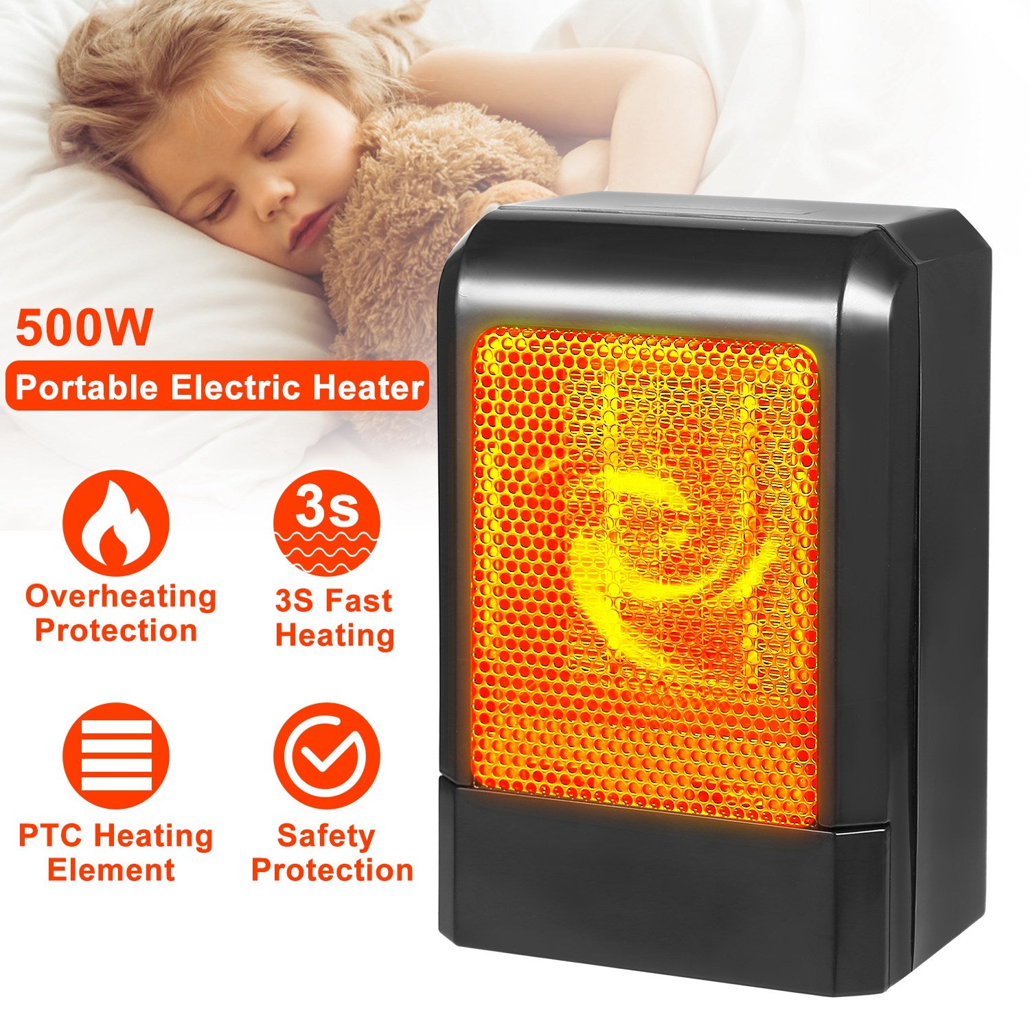 500W Portable Electric Heater PTC Ceramic Heating Fan 3S Heating Space For Home Office Use 