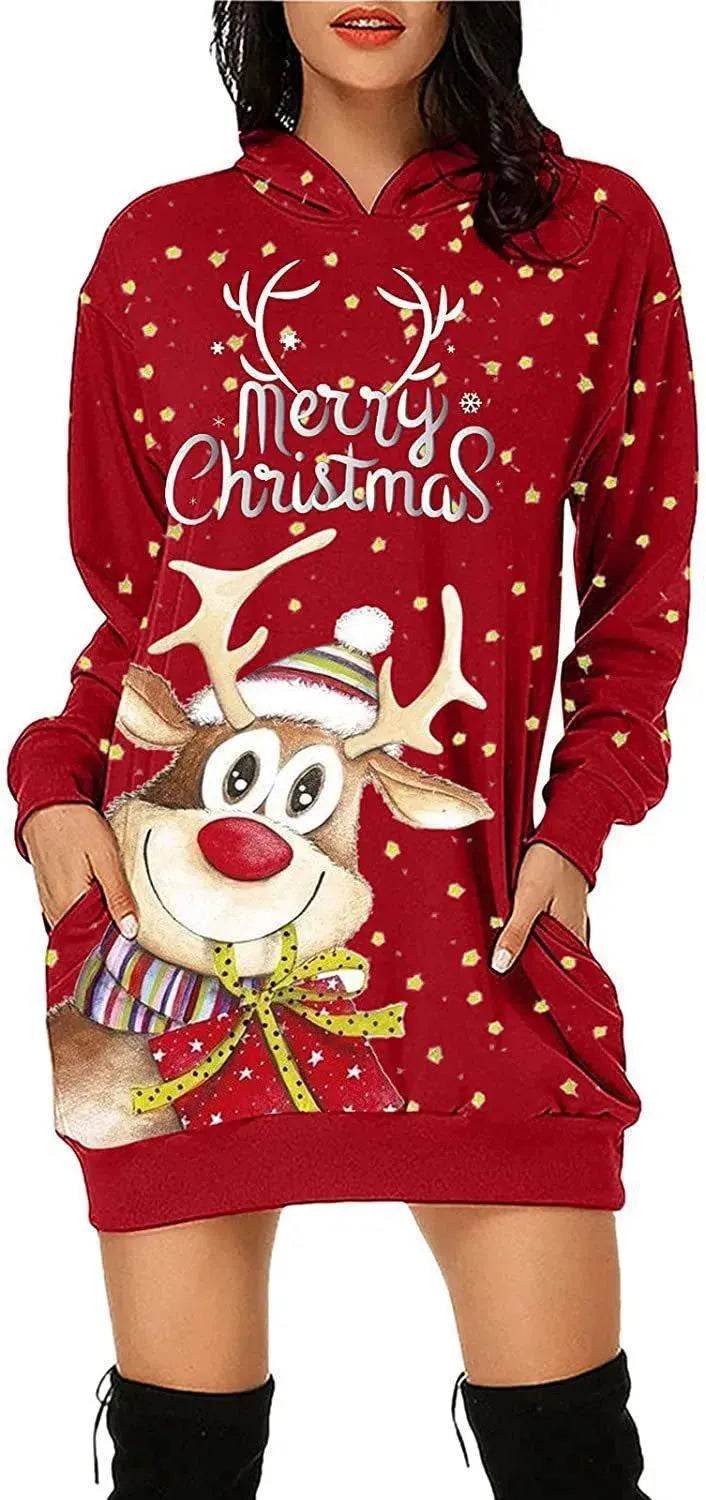 Women's Long-sleeved Christmas Hoodie Sweatshirt Dress Winter 