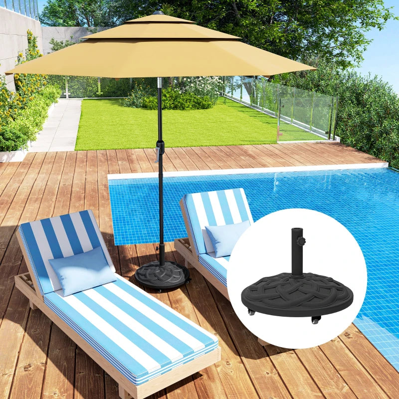 Round Patio Umbrella Base with Wheels, 44 lbs Resin Umbrella Stand Base, 1.3"/1.5"/1.9" Umbrella Poles Black