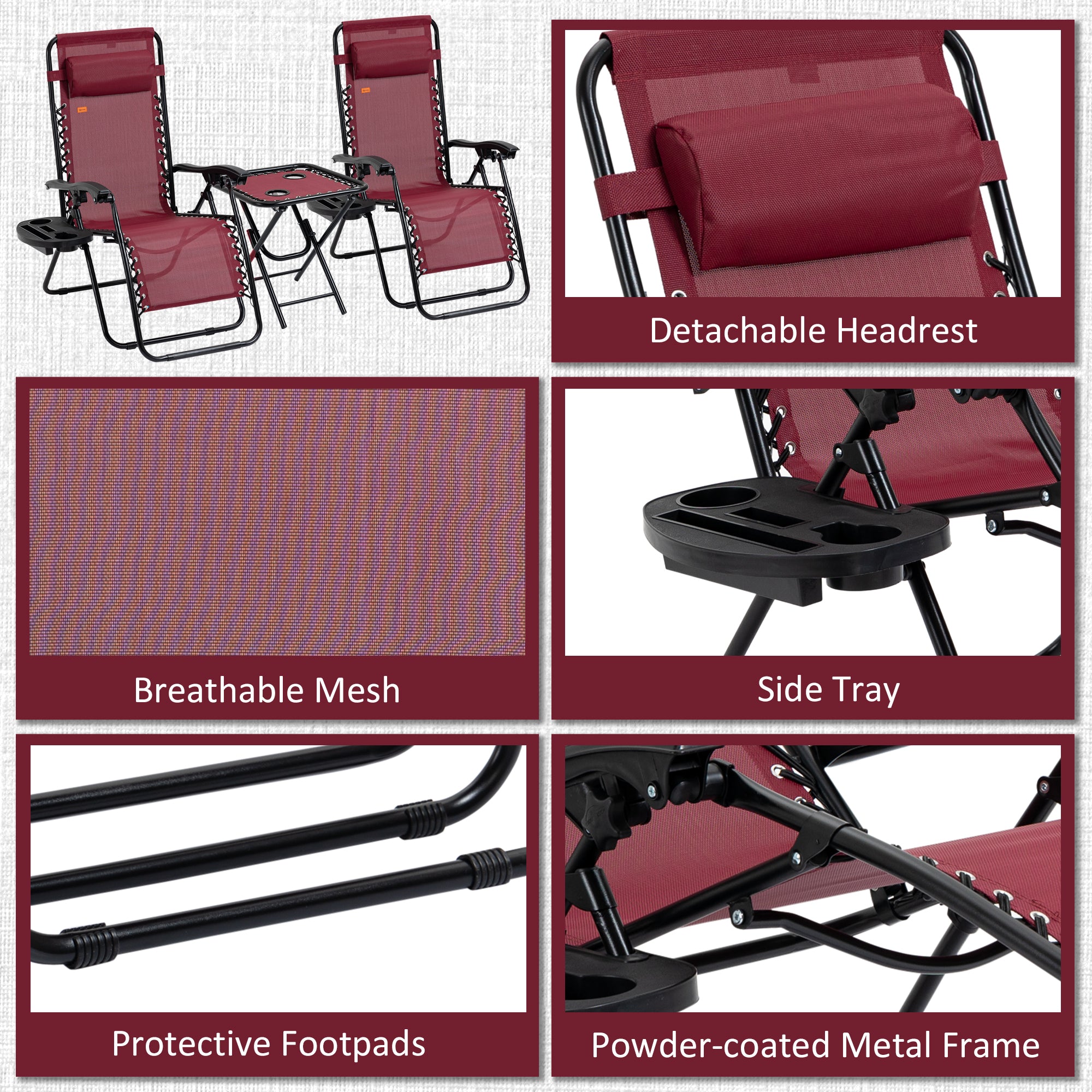 Outsunny Zero Gravity Chair Set of 2 Patio Chair with Side Table Cupholders and Pillows for Pool, Backyard, Lawn, Beach, Red 
