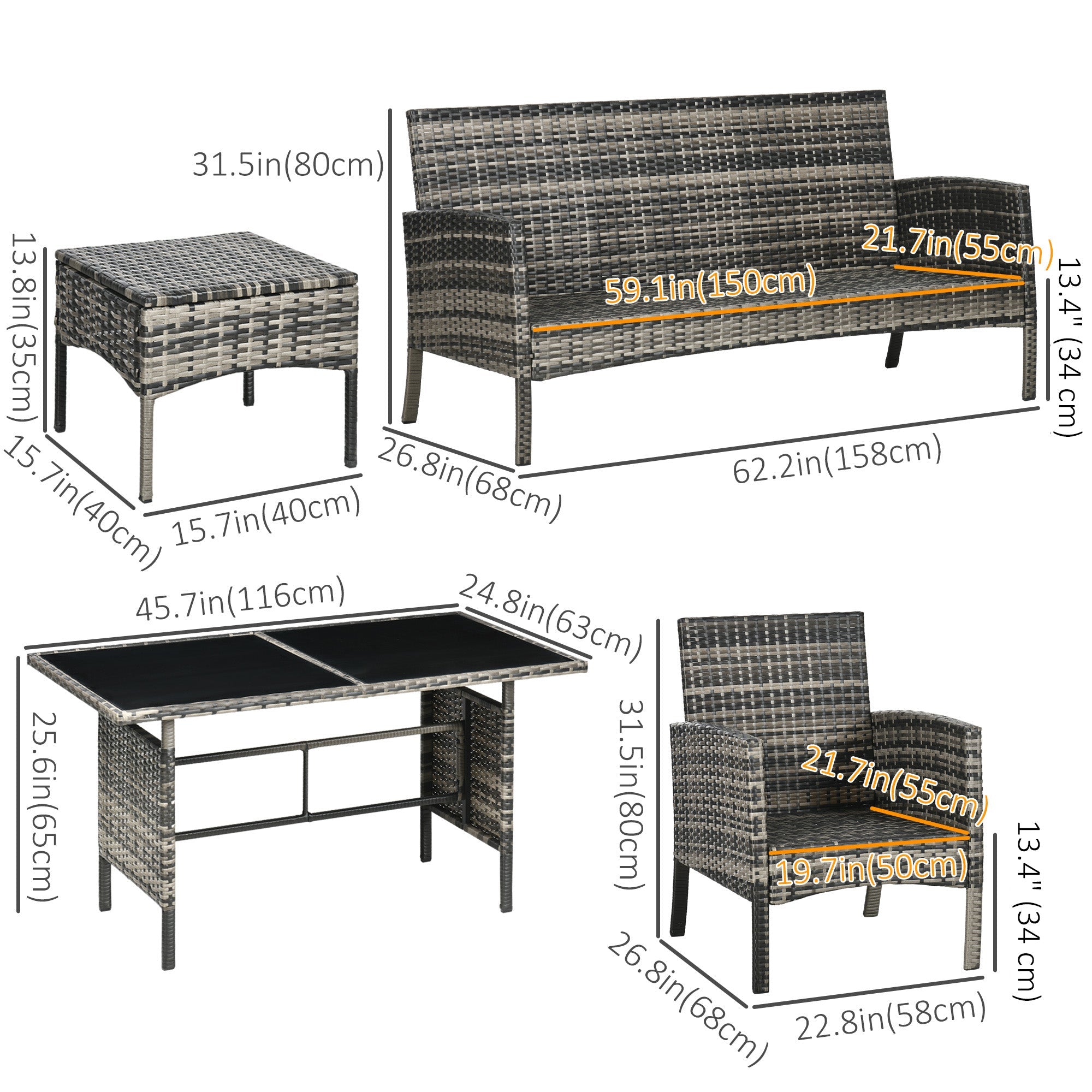 Outsunny 6PC Outdoor Patio Furniture Set Chairs Ottomans Sofa Glass Table Cushions Rattan Conversation Set 