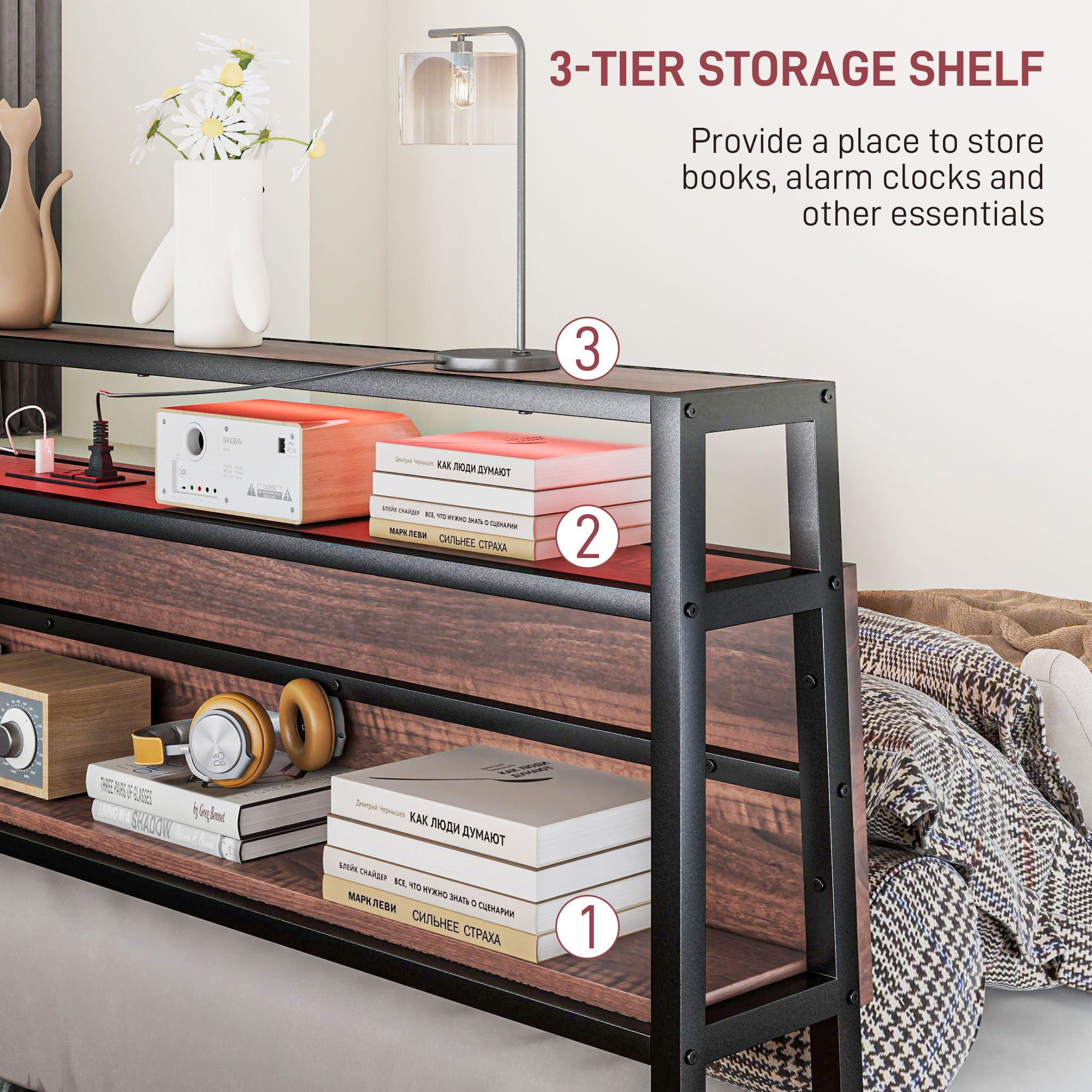 HOMCOM Full Size Bed Frame with LED Lights and Charging Station, Full Bed Frame with Storage Headboard, Noise-Free, Walnut 