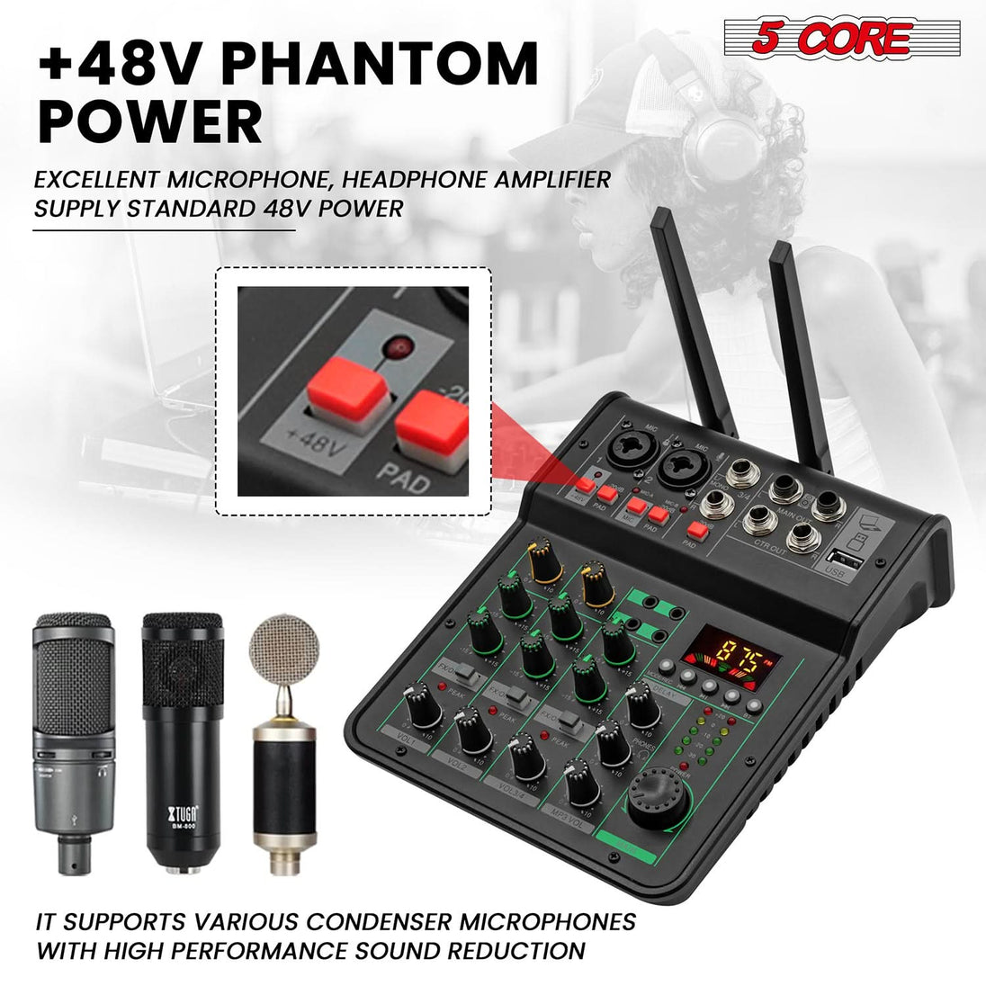 5Core Audio Mixer Sound Board 4 Channel PA DJ Stereo Receiver w Bluetooth USB DJ PA Karaoke Mixing GOLD