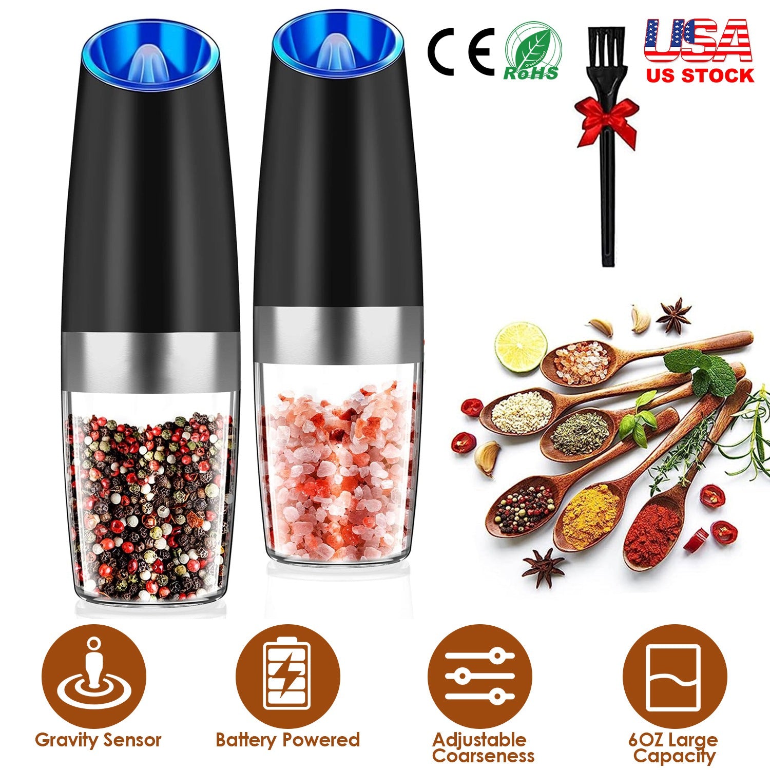 2Pcs Gravity Sensing Salt and Pepper Grinder Automatic Electric Salt Mill Grinder With Built-in LED Lights Adjustable Coarseness One Hand Operation Ba 