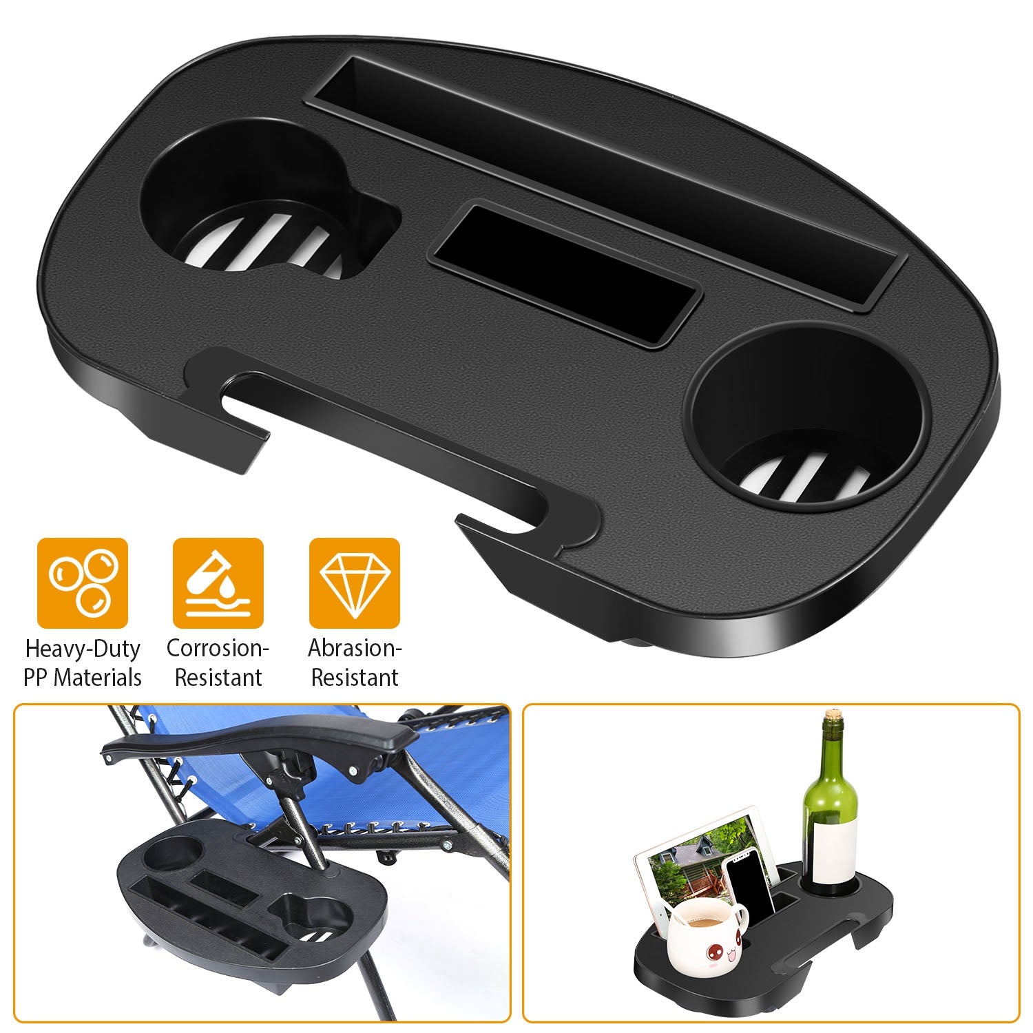 Zero Gravity Chair Cup Holder Clip On Side Tray w/Beverage Can Mobile Devices Slots