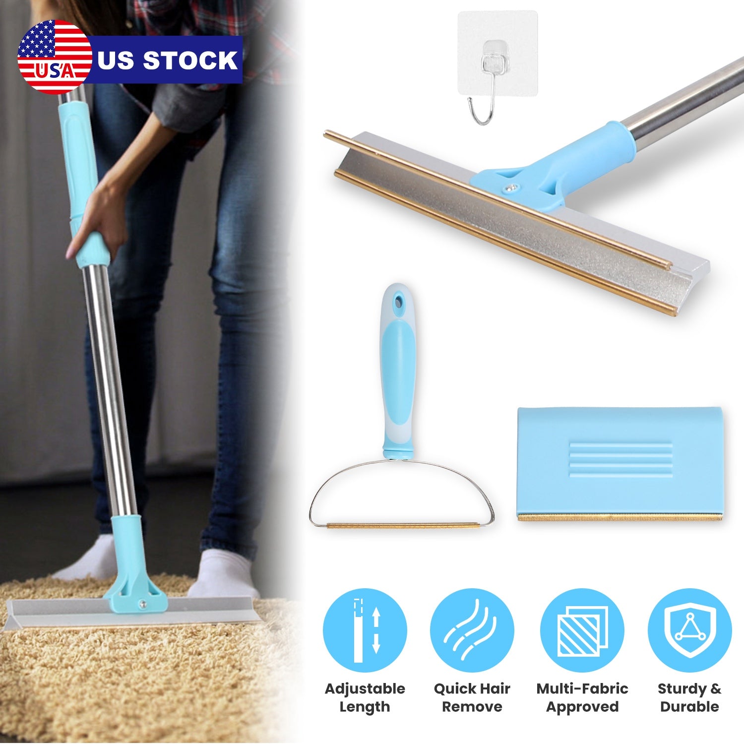 3Pcs Pet Hair Removal Kit Multi-Fabric Dog Cat Hair Scraper Lint Shaver Rake Adjustable Telescopic Rod For Carpet Rug Clothes Couch