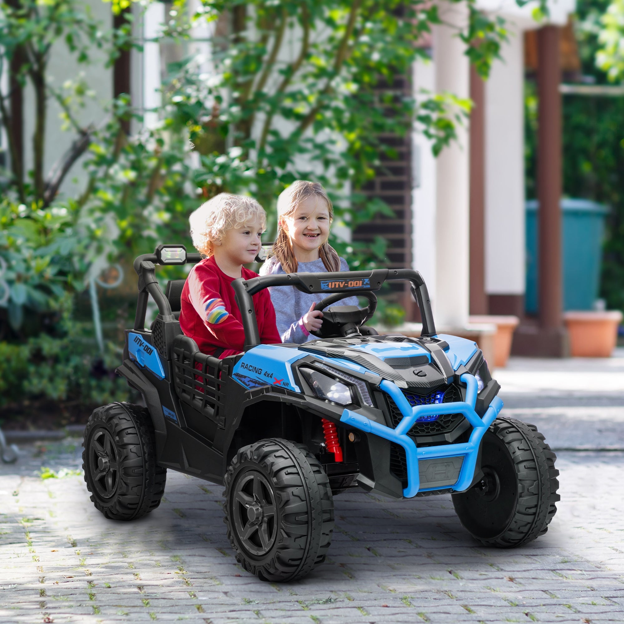 Qaba 2 Seater 24V Electric Car for Kids w/ Remote Control, 3 Speed, LED Lights, Music, Horn, Spring Suspension, Blue 