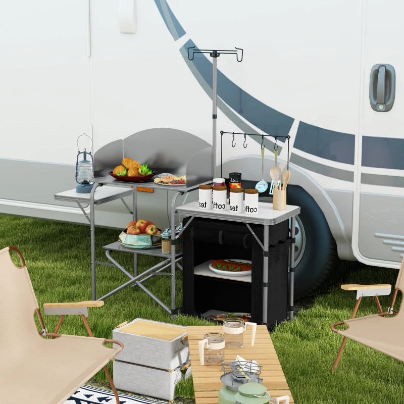 Camping Kitchen Table, Aluminum Folding Camping Table with Storage Organizer, Windshield, Light Stand, Bag, Silver