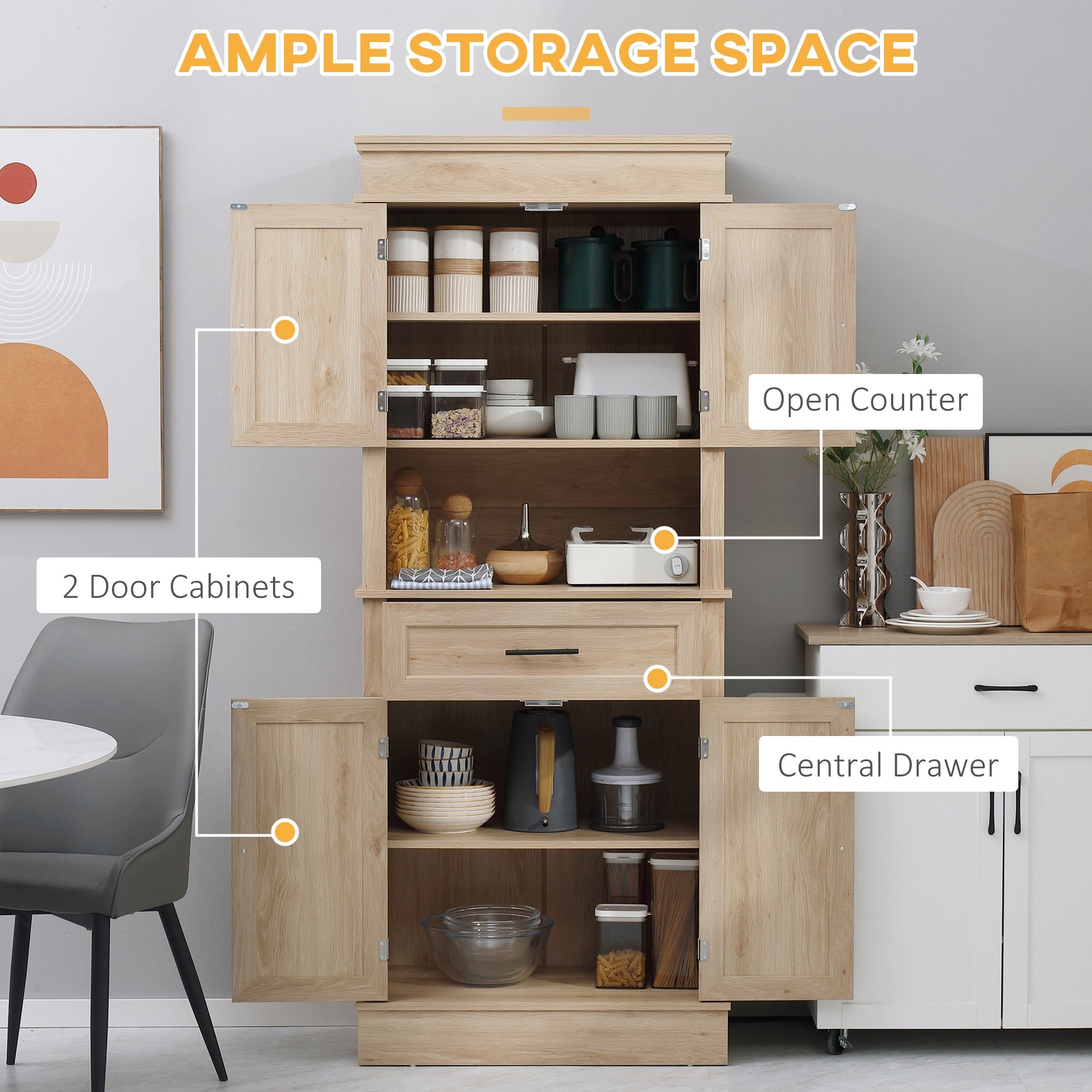 HOMCOM Modern Freestanding Kitchen Pantry Cabinet Oak Doors Open Shelves Adjustable Shelving Microwave Space 