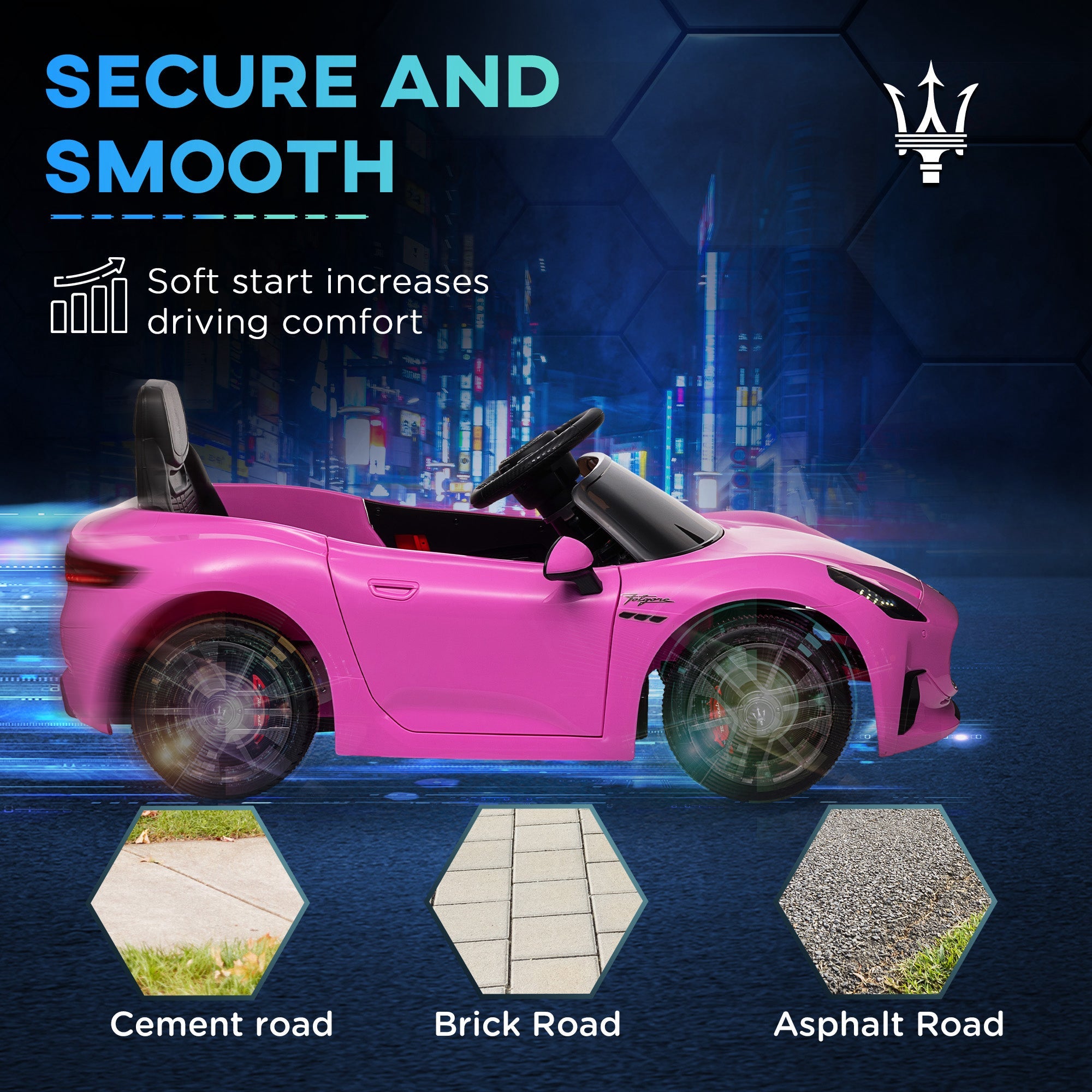 Qaba 12V Maserati Gran Turismo Licensed Kids Electric Car w/ Remote Control, Soft Start, LED Lights, Music, Horn, MP3, Pink 