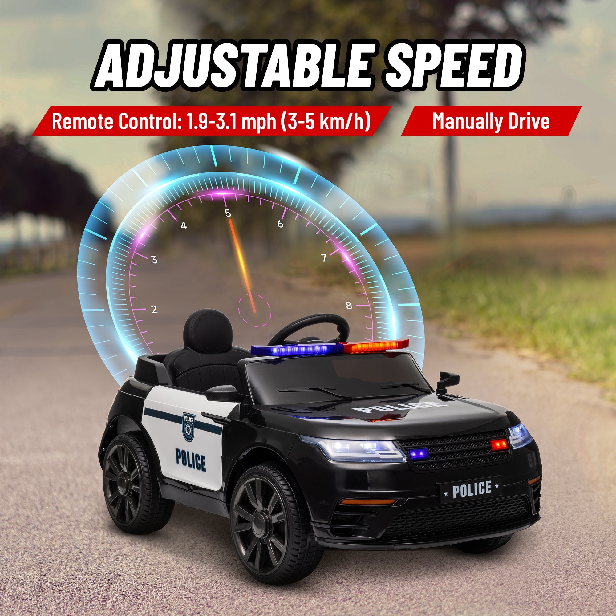 Qaba 12V Kids Electric Police Car w/ Remote Control, Spring Suspension, Training Wheel, Siren, Music, Light, Horn, Black 