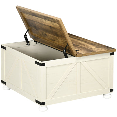 HOMCOM Antique White Farmhouse Coffee Table: Square Center Table with Flip-top Lids, Hidden Storage and Wooden Legs 