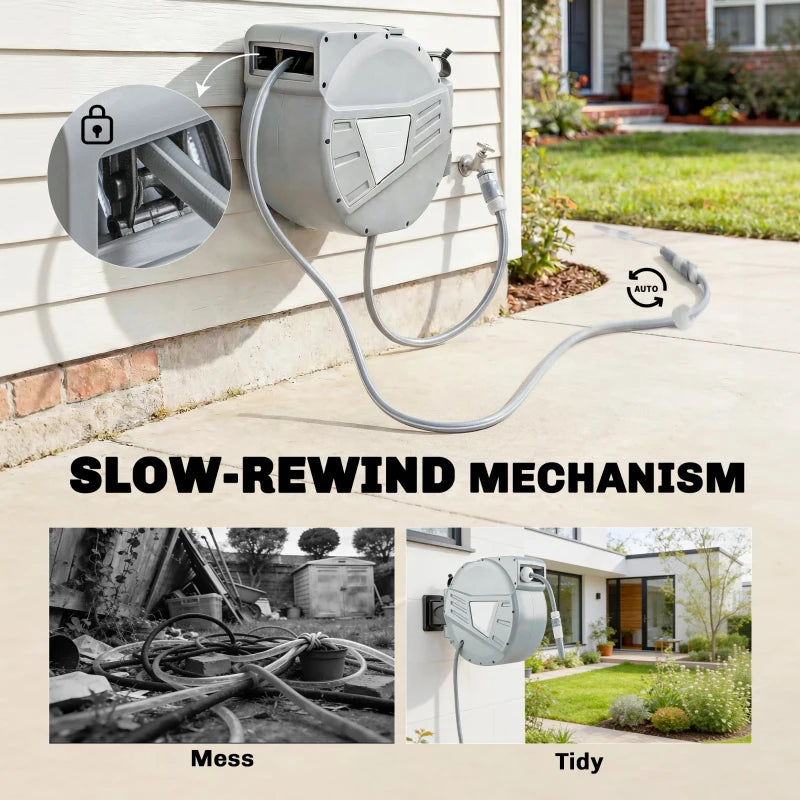 Retractable Garden Hose Reel, 1/2" x 66ft Wall Mounted Hose Reel with Auto Retraction, Self-Locking, Grey
