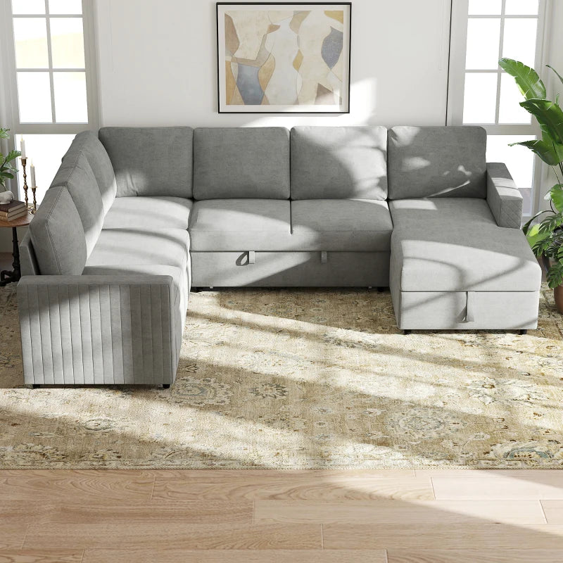 Pull Out Sofa Bed, Sleeper Sofa Couch with Hidden Storage, Chaise Lounge, Velvet Upholstery, U-Shaped Futon Couch