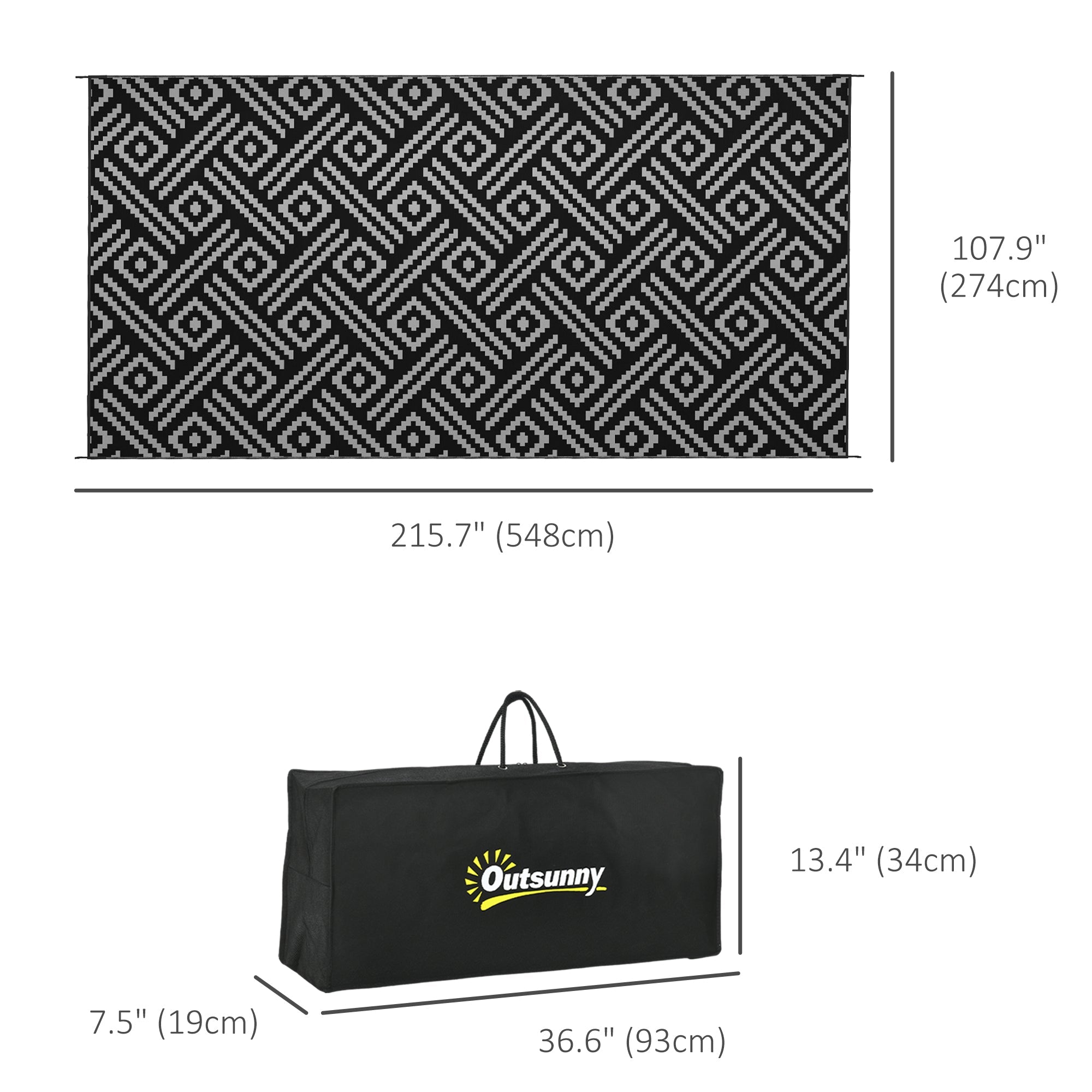 Outsunny 9x18ft Black Grey Geometric Reversible Outdoor Rug Waterproof Plastic Straw with Carry Bag 