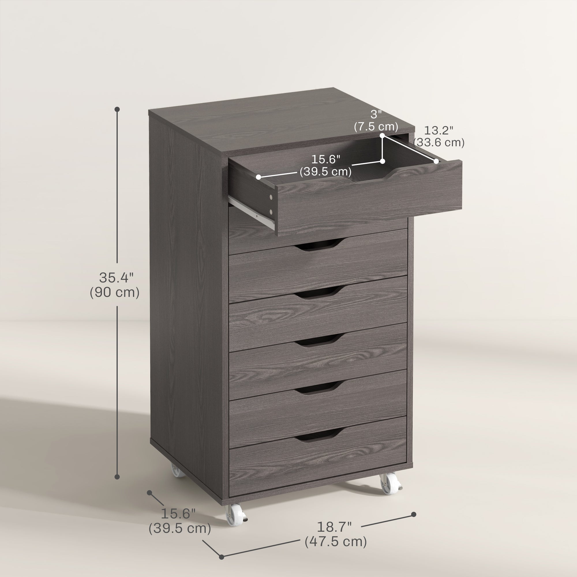 Vinsetto 7-drawer Vertical File Cabinet for Home Office, Storage Cabinet with Wheels, 18.7"x15.6"x35.4", Grey Wood Grain 