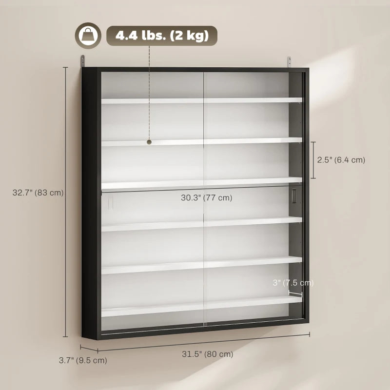 7-Tier Display Cabinet, Shot Glass Display Case, Glass Curio Cabinet with Glass Doors, Black and White