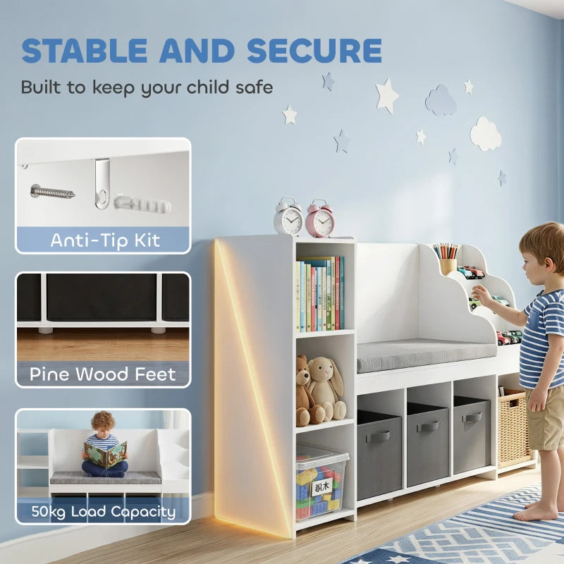 Qaba Kids Storage Shelf with Reading Nook, Toy Organizer with Cushion Seat, Bookshelf, 4 Cubbies & 3 Fabric Drawers for Playroom and Nursery