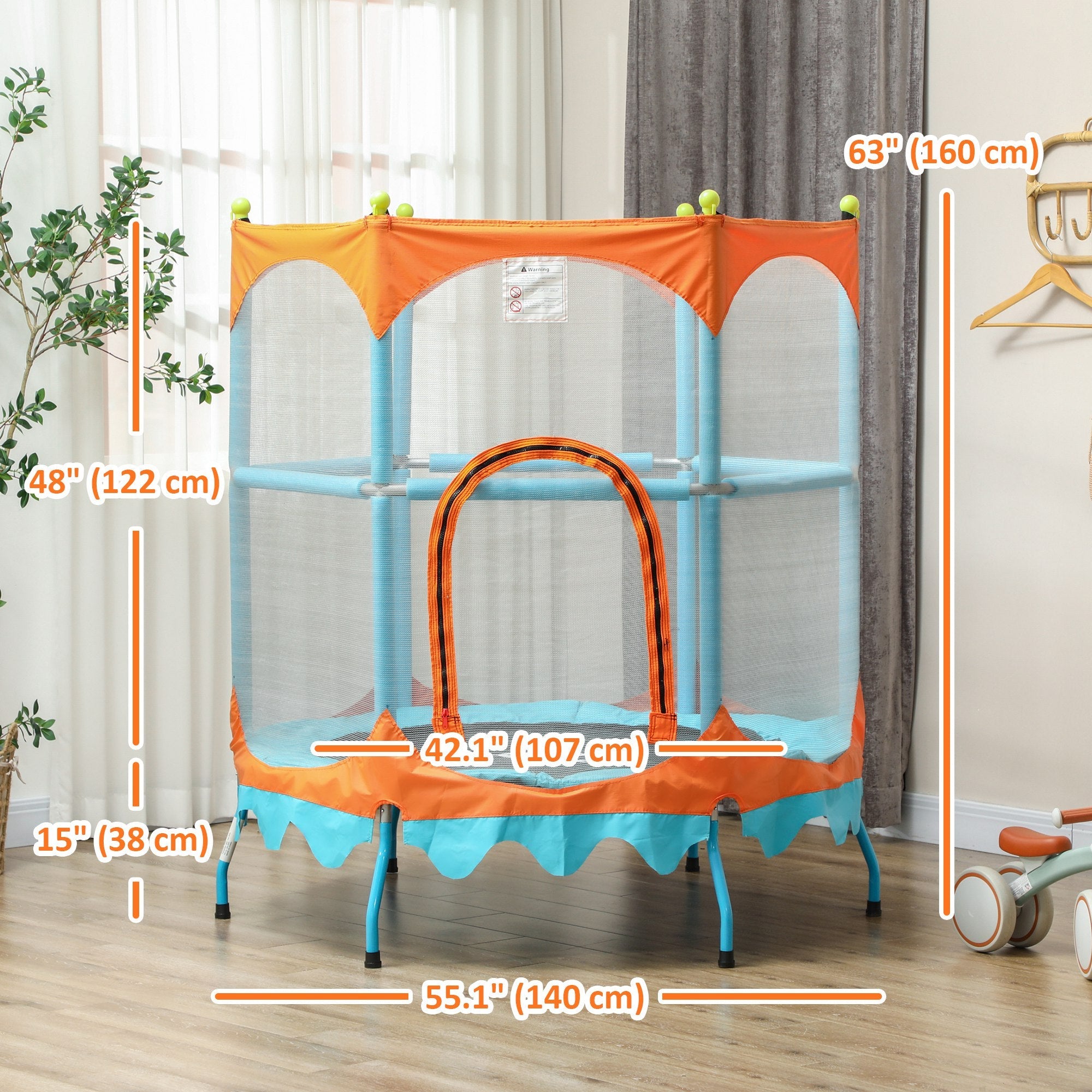 Qaba Trampoline for Kids, 4.6FT Mini Toddler Trampoline Indoor Outdoor with Handlebar, Safety Enclosure Net, Blue 