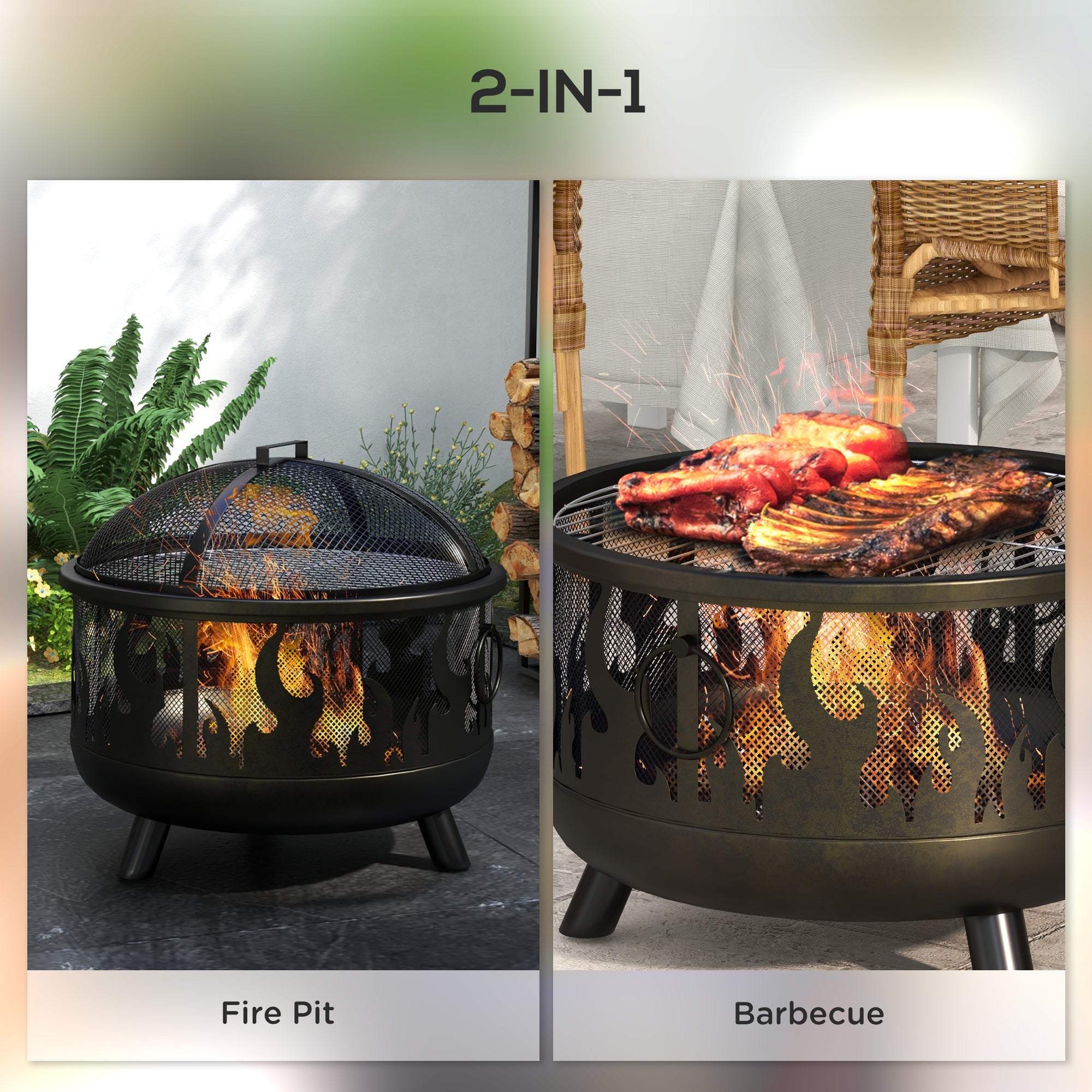 Outsunny Metal Fire Pit 24" Round Outdoor Firepit Bowl with Lid Grill Poker for Garden Camping BBQ Bonfire Black 