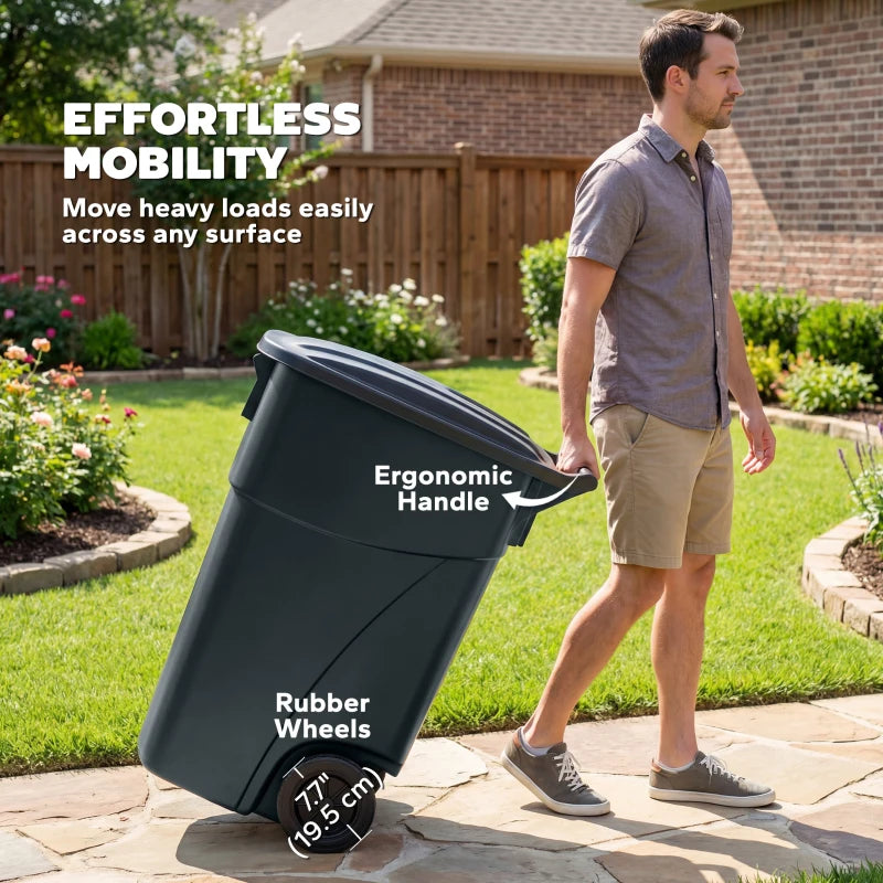 Outdoor Garbage Bin with Lid and Wheels, 53 Gallon Large Trash Can Garbage Can with Handle for Patio, Yard, Dark Grey