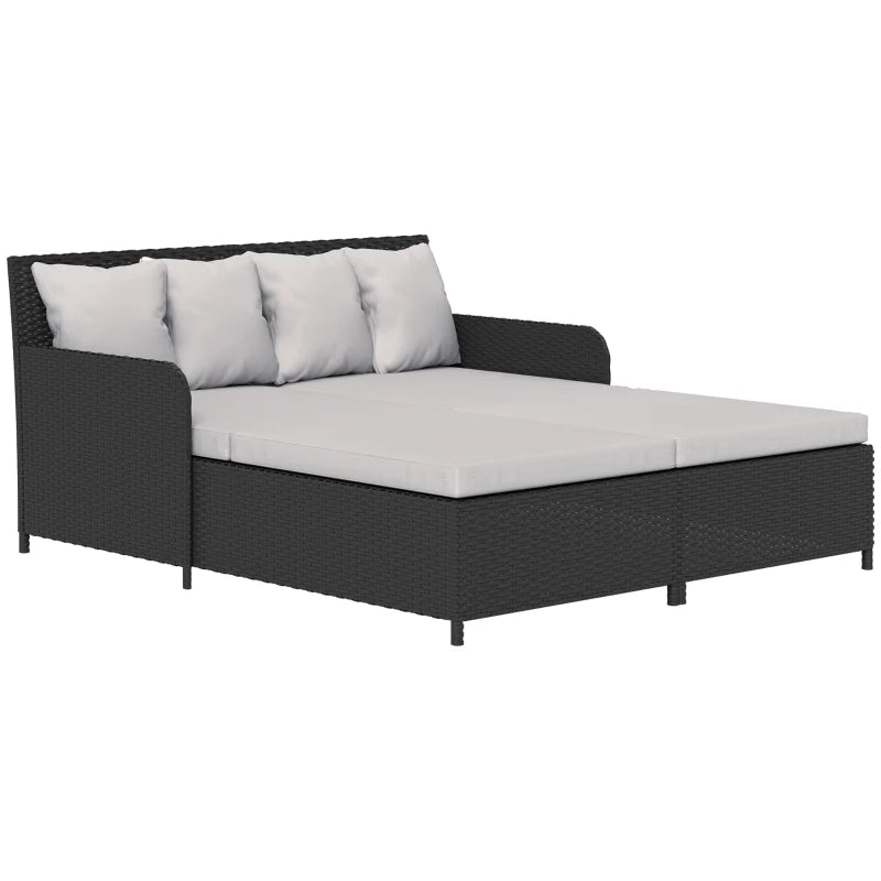Rattan Outdoor Daybed, Sunbed Loveseat with Soft Cushions, 4 Pillows, Curved Backrest & Armrest, Light Grey