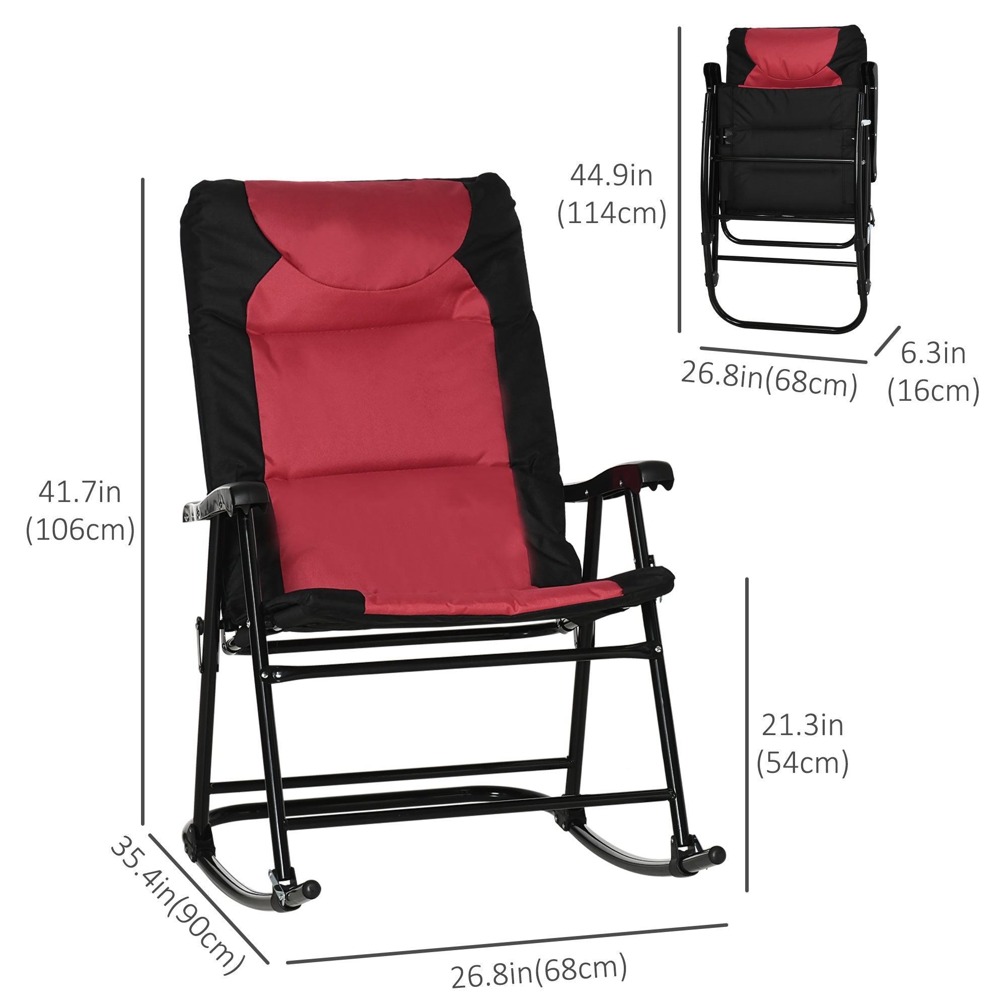 Outsunny Folding Rocking Chair Set 2 Pack Padded with Armrest Red Black for Outdoor Comfort 