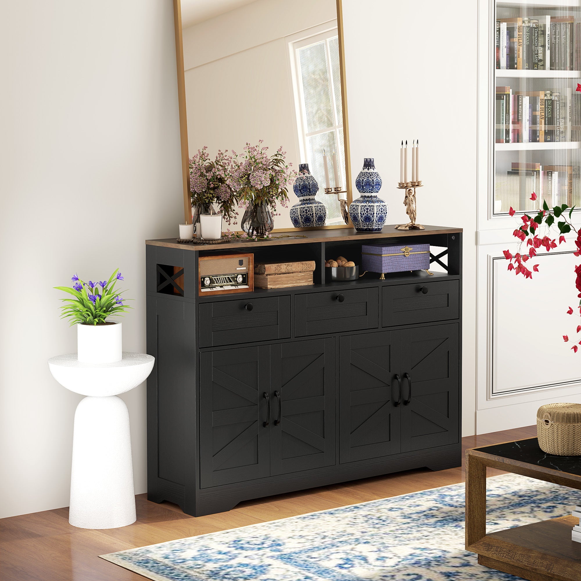 HOMCOM Sideboard, Buffet Cabinet with 4 Barn Doors and 3 Drawers, Coffee Bar Cabinet with Adjustable Shelves, Black 