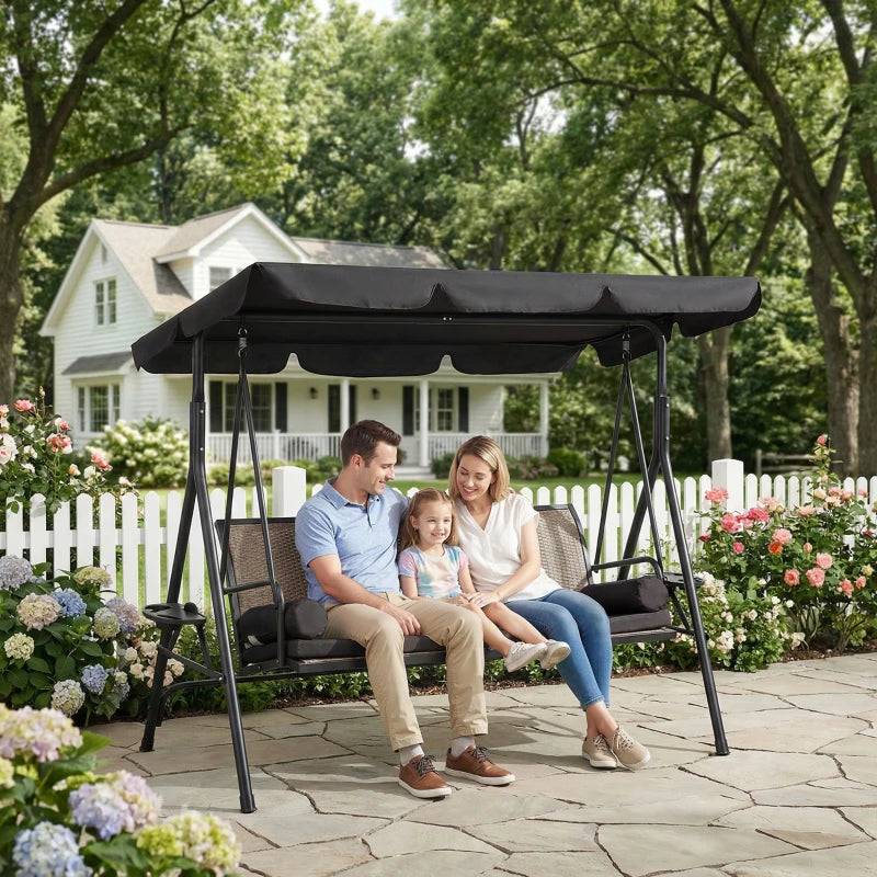 Outdoor 3-Seat Porch Swing with Canopy, Rattan Seat, Removable Cushion, Pillows and Steel Frame