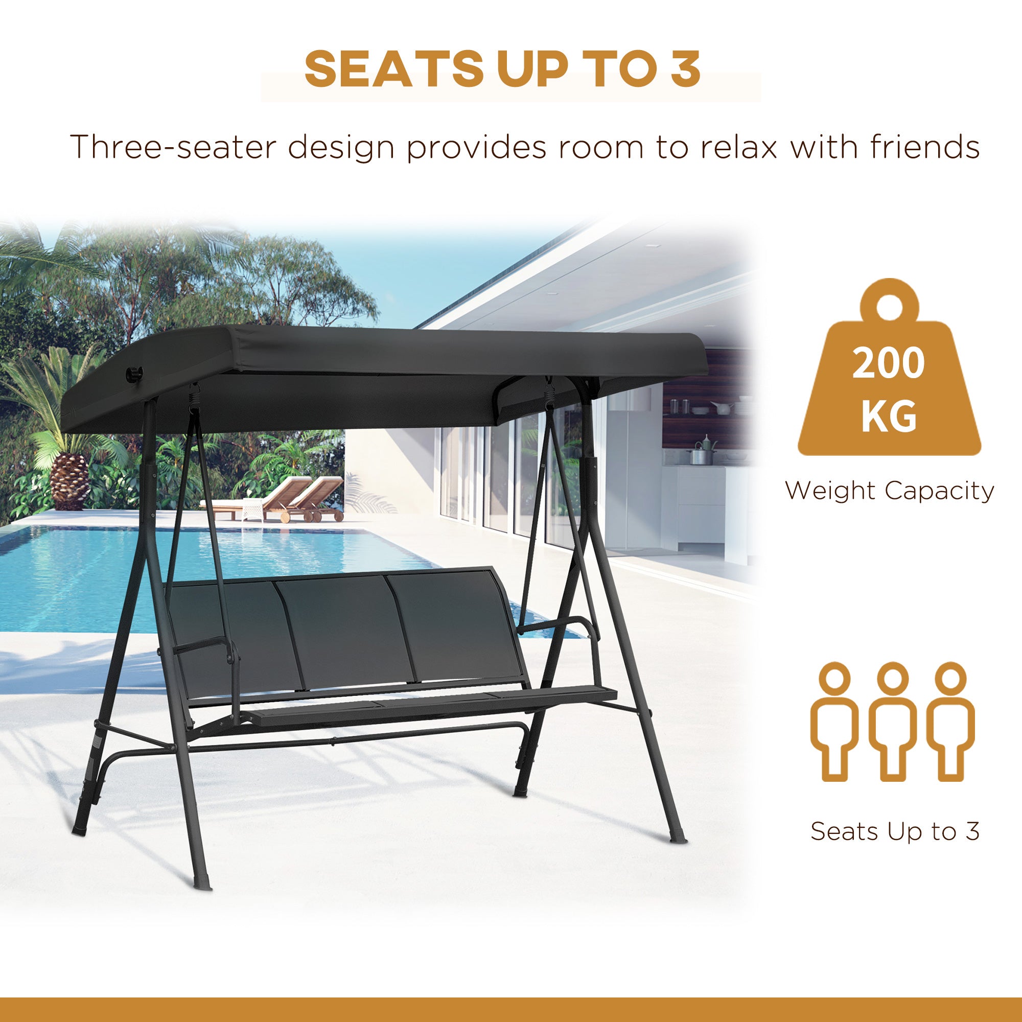 Outsunny 3-Seater Swing Chair Covered Garden Hammock A-Frame Outdoor Porch Glider Sling Seat with Adjustable Canopy Cover, Black 