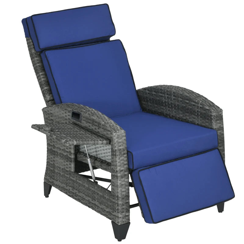 Outdoor Recliner Chair with Adjustable Backrest and Footrest, Washable Cushion, Side Tray, Dark Blue