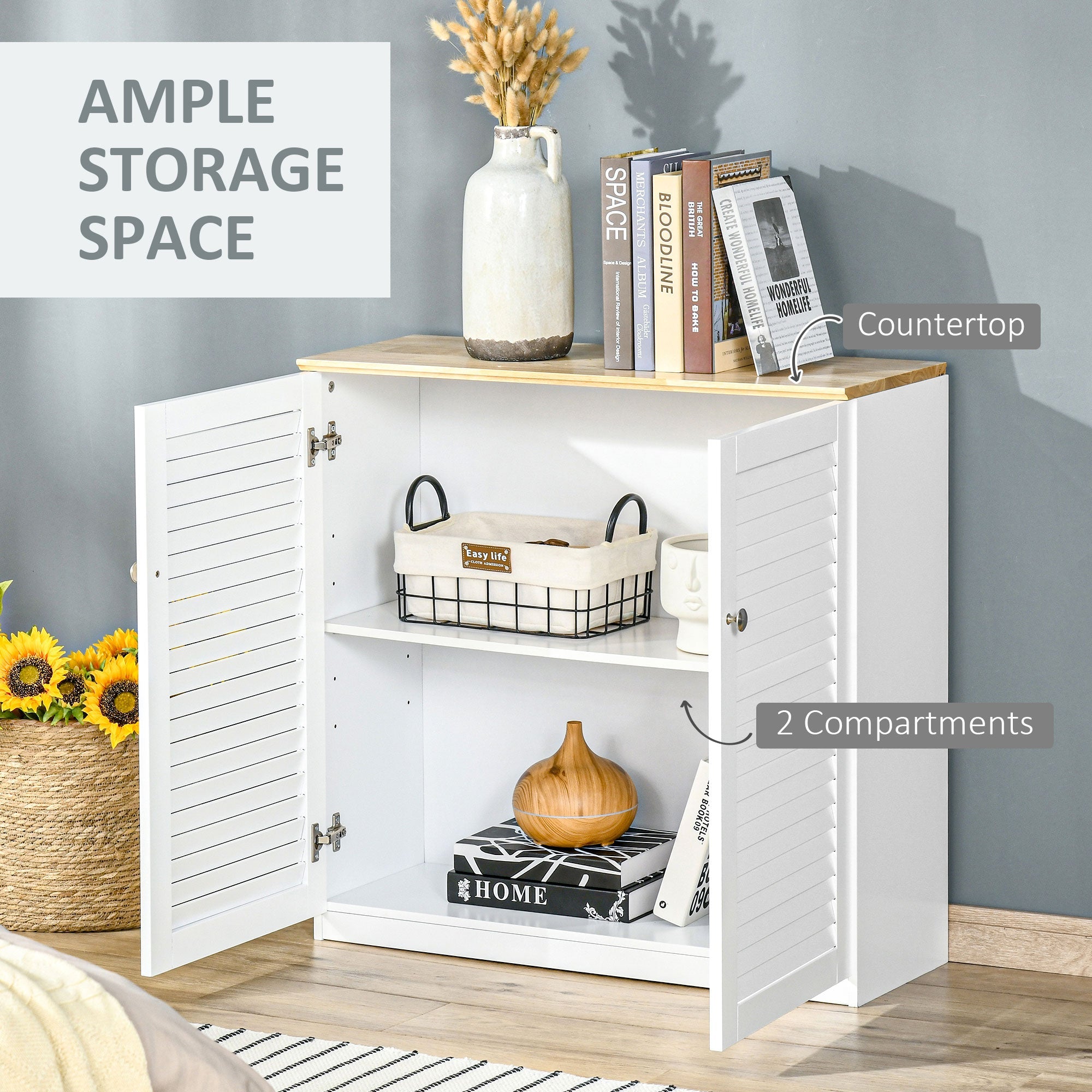 HOMCOM Bathroom Bliss: Freestanding Kitchen Sideboard Storage Cabinet with Louvered Doors, White Organizer 