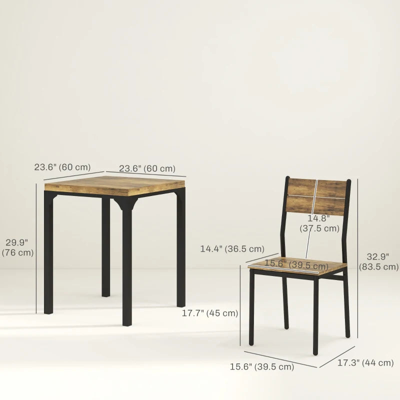Dining Table Set for 2, 3 Piece Kitchen Table and Chairs with Metal Legs for Small Spaces, Rustic Brown