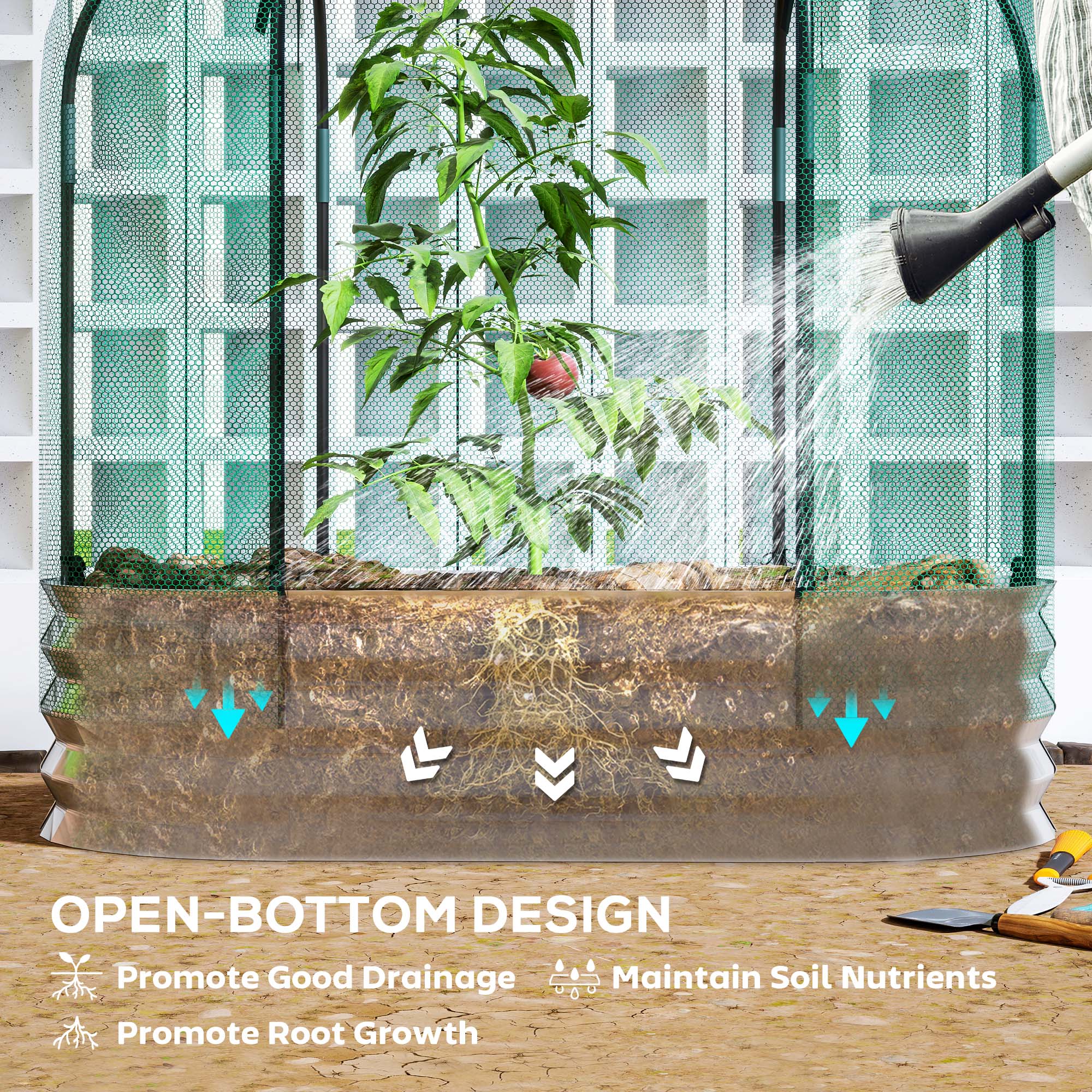 Outsunny Galvanized Raised Garden Bed with Crop Cage Protection Net Cover, Outdoor Planter Box for Vegetables, Flowers, Herbs 
